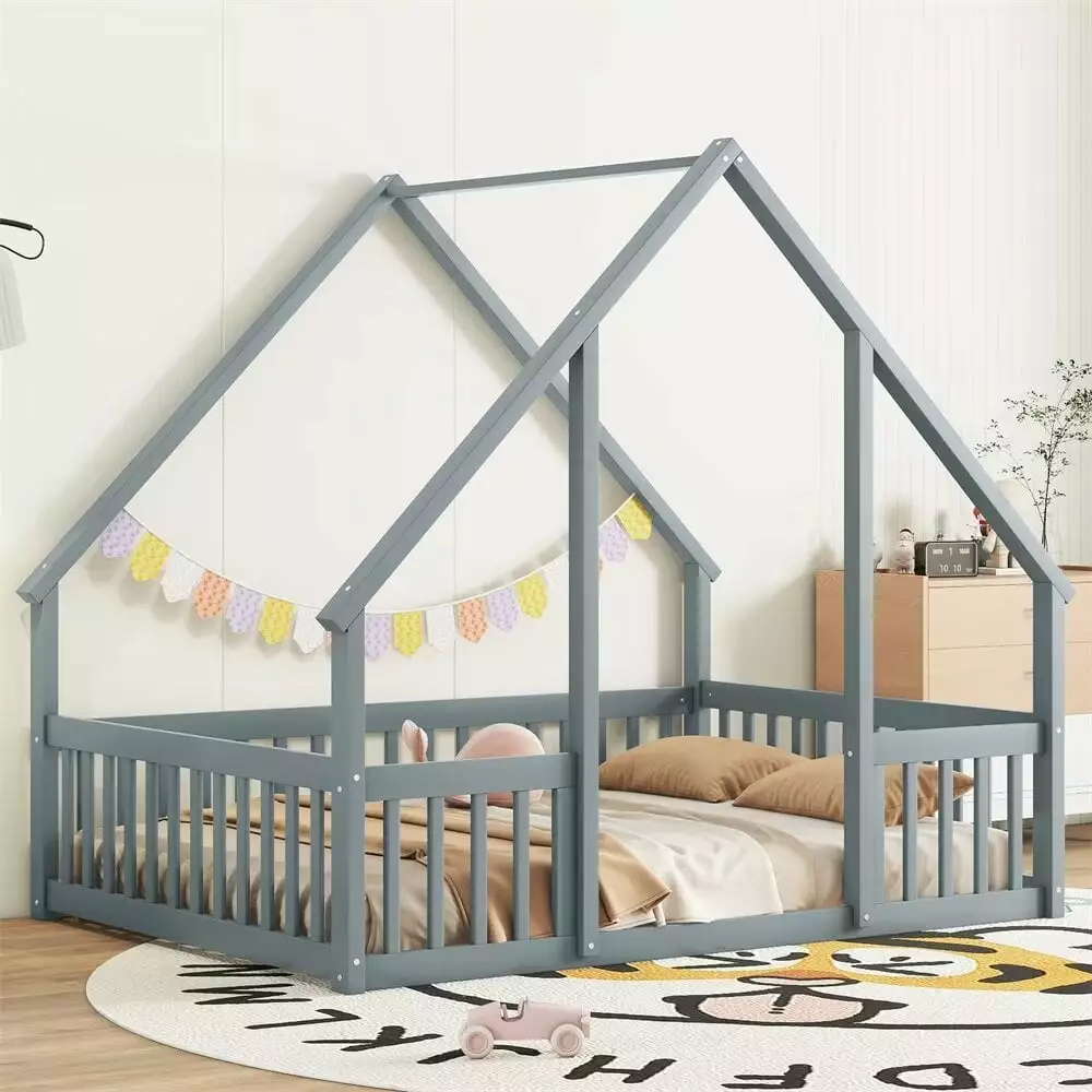Full Size Floor Bed Kids Wooden Montessori Bed Frame Roof and Fence Guardrails Playhoutilize Bed Tent Boys Girls Bedroom E...
