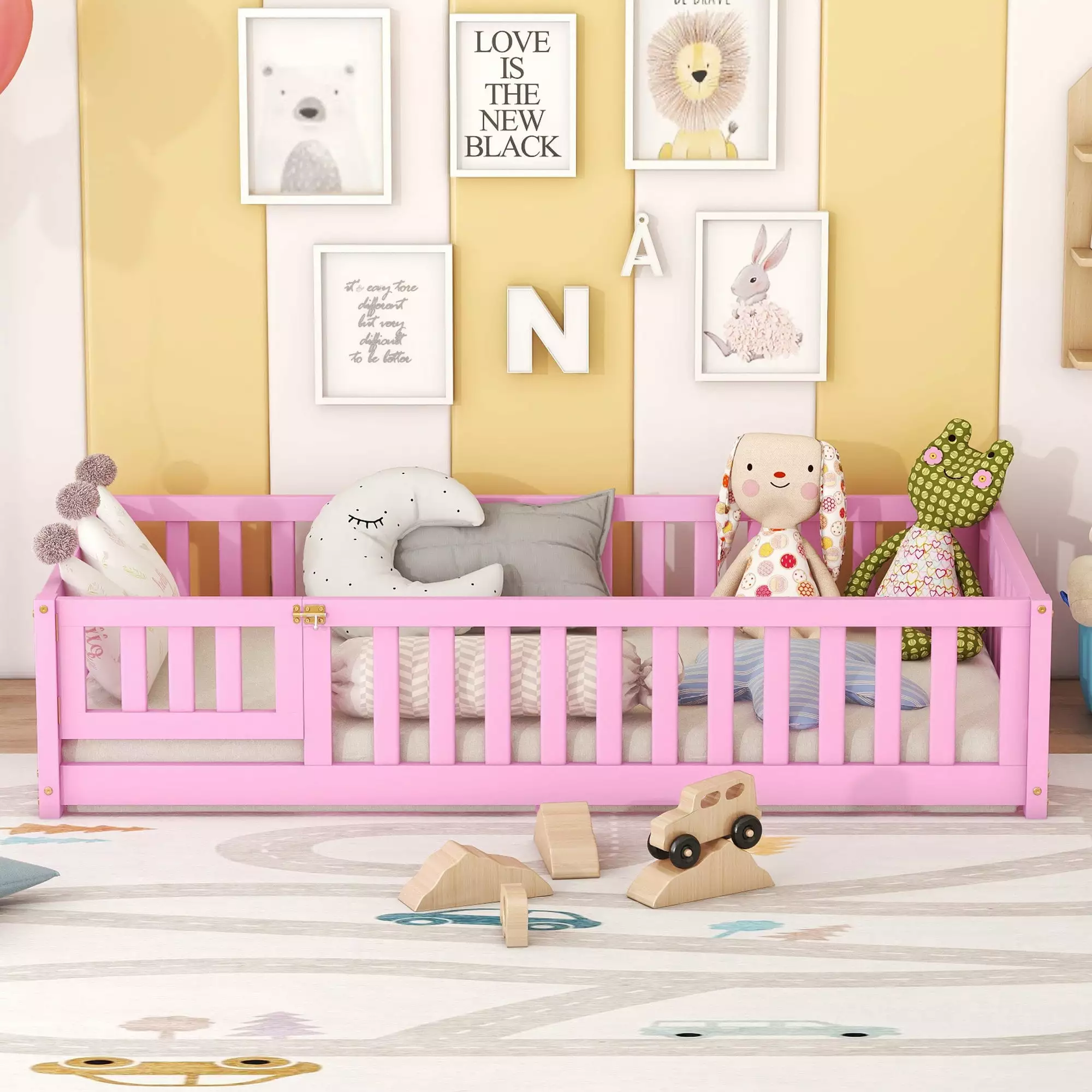 Twin Size Montessori Floor Bed Protective Guardrails and Door, Wooden Bed Frame Girls and Boys - Pink JAMPOOCA