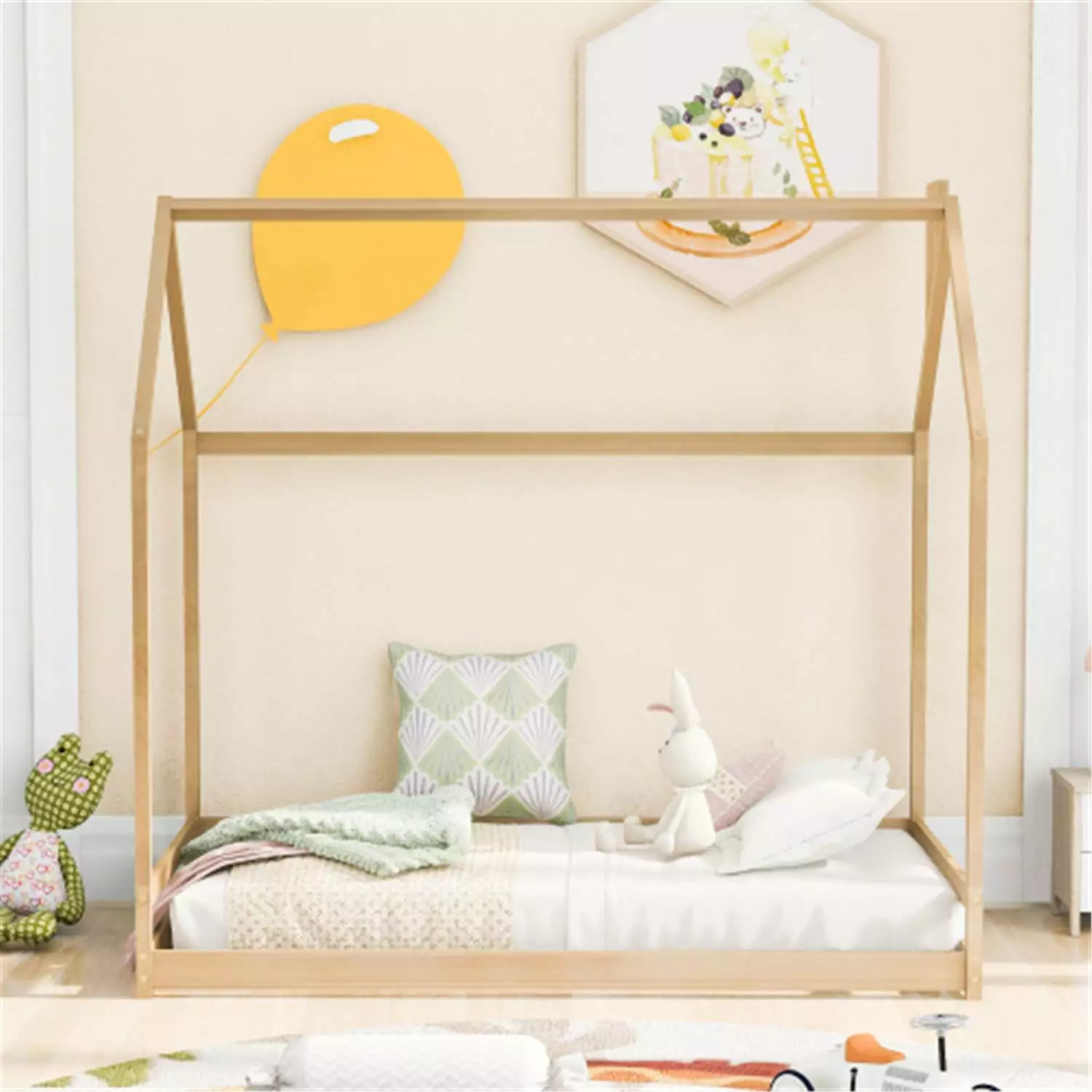 Full Size Houtilize Shaped Floor Bed Kids Boys and Girls Natural Wood JINS & VICO