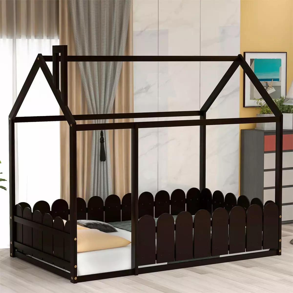 JINS&VICO Twin Size Wood Bed Frame Fence House Shape Floor Bed Boys Girls Teens Espresso JINS & VICO