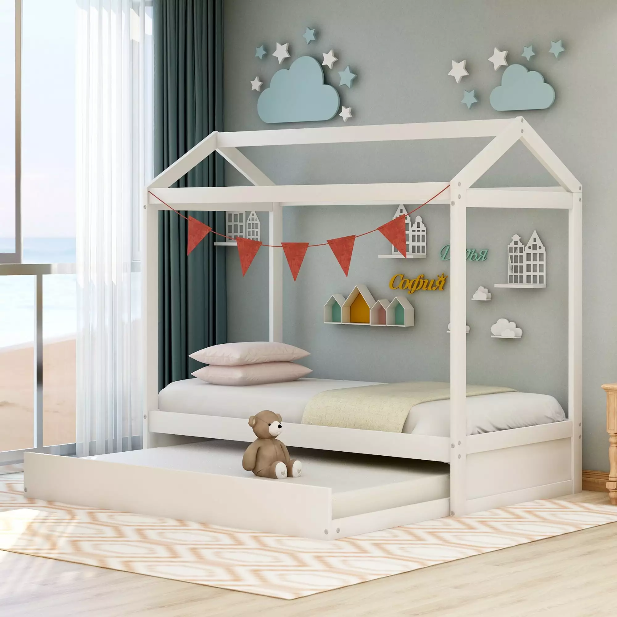 Wood House Floor Bed Trundle Twin Size 2--1 Canopy Bed Tent Roof Slats Support Kids Toddlers White JINS & VICO