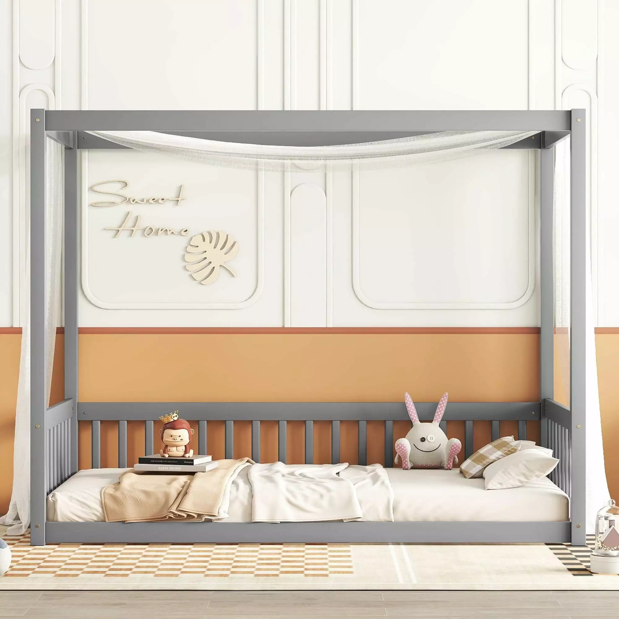 Twin Size Canopy Frame Floor Bed Wood Platform Bed Frame Fence Minimalistic Kids Floor Bed No Box Spring Gray Legahome