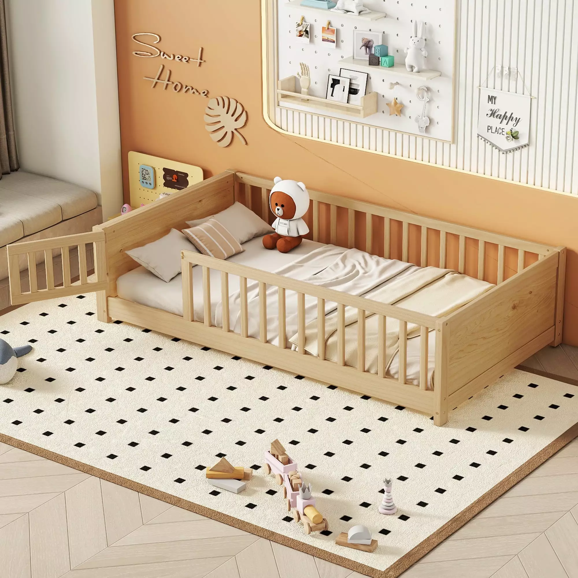 Twin Toddler Floor Bed Frame Wood Platform Kids Bed Built- Book Storage Rack Montessori Bed Fence and Door Natural LegaHome