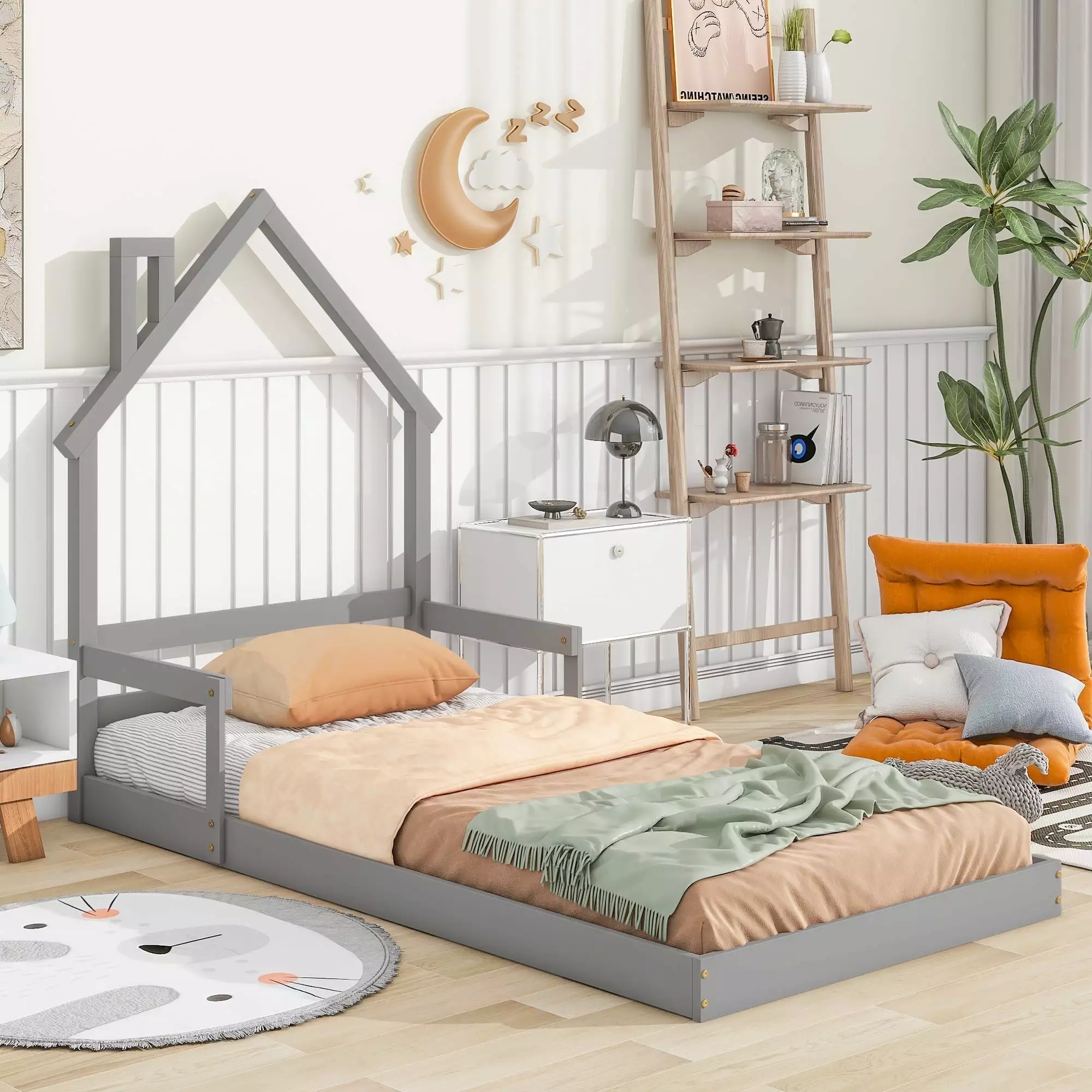 Twin Size Wood Bed Frame Floor Bed Houtilize Headboard and Handrails Cute Slats Bed Frame Boys Girls Grey LULEEYANG
