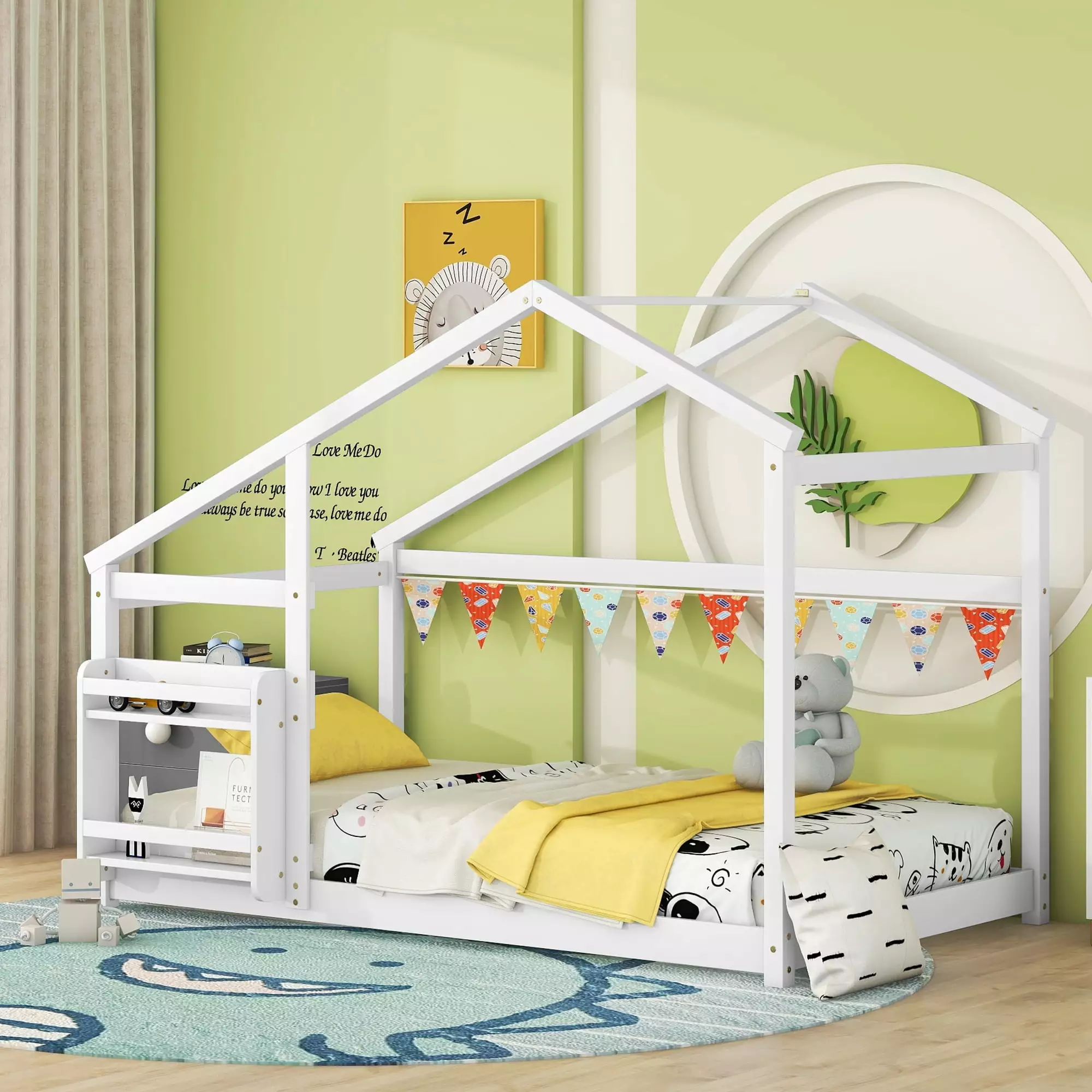 Miniyam Twin Size Houtilize-Shaped Roof Floor Bed Shelf White