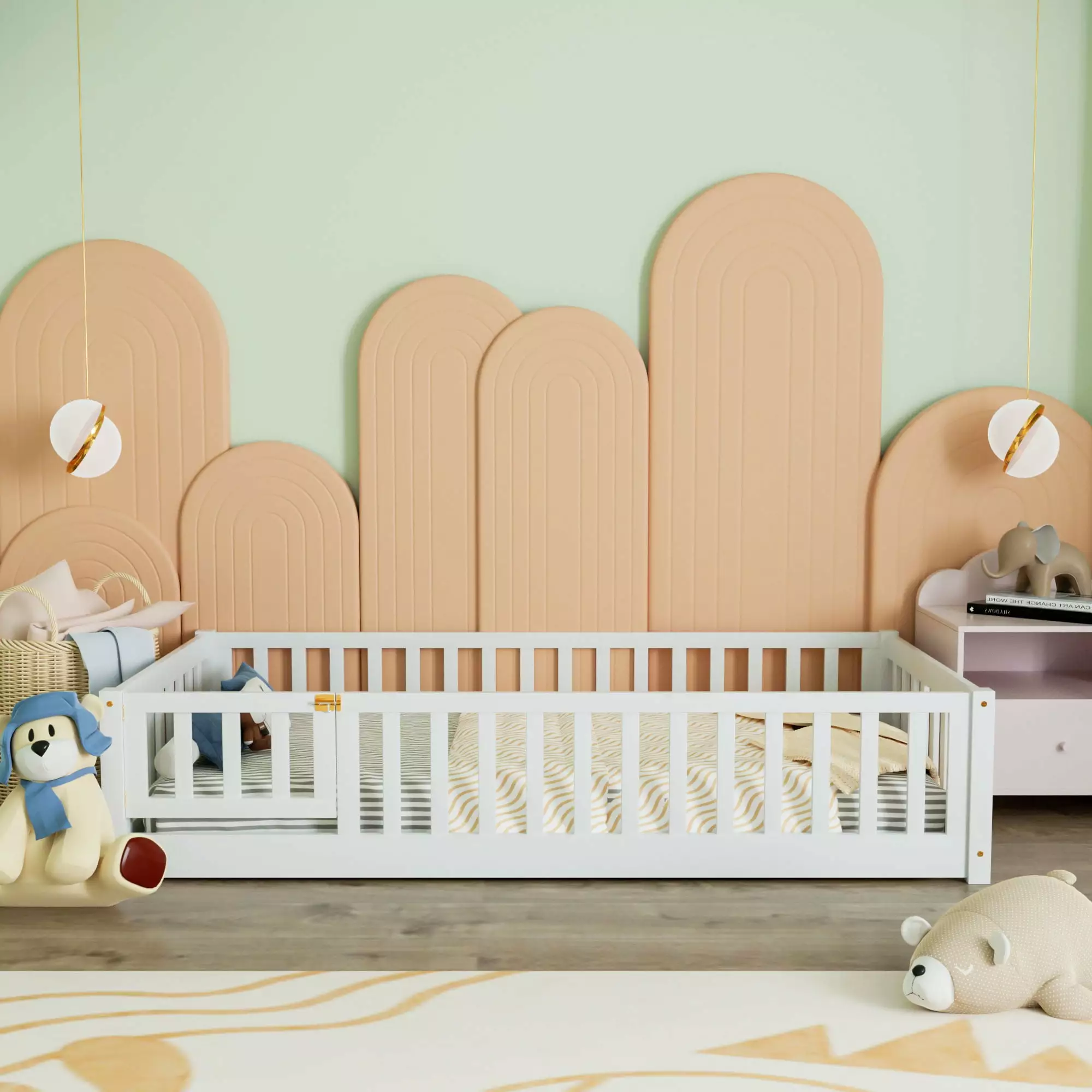 Miniyam Twin Size Toddler Floor Bed Protective Guardrails White