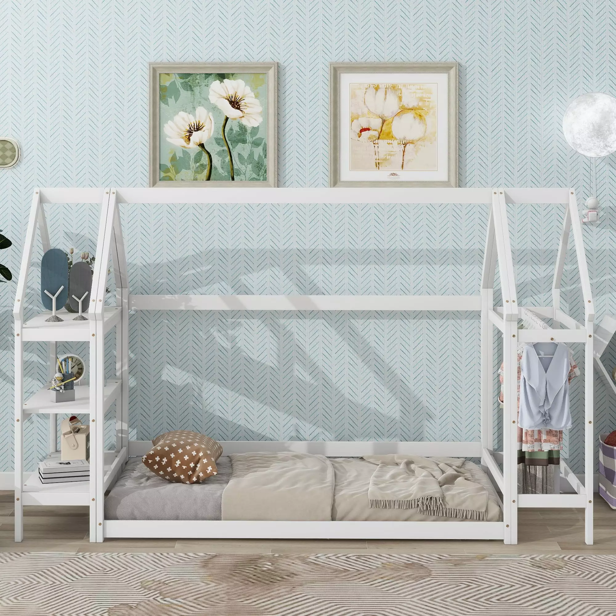 Miniyam Wood Twin Size Floor Bed 2 Detachable Stands Kids Houtilize-Shaped Design White