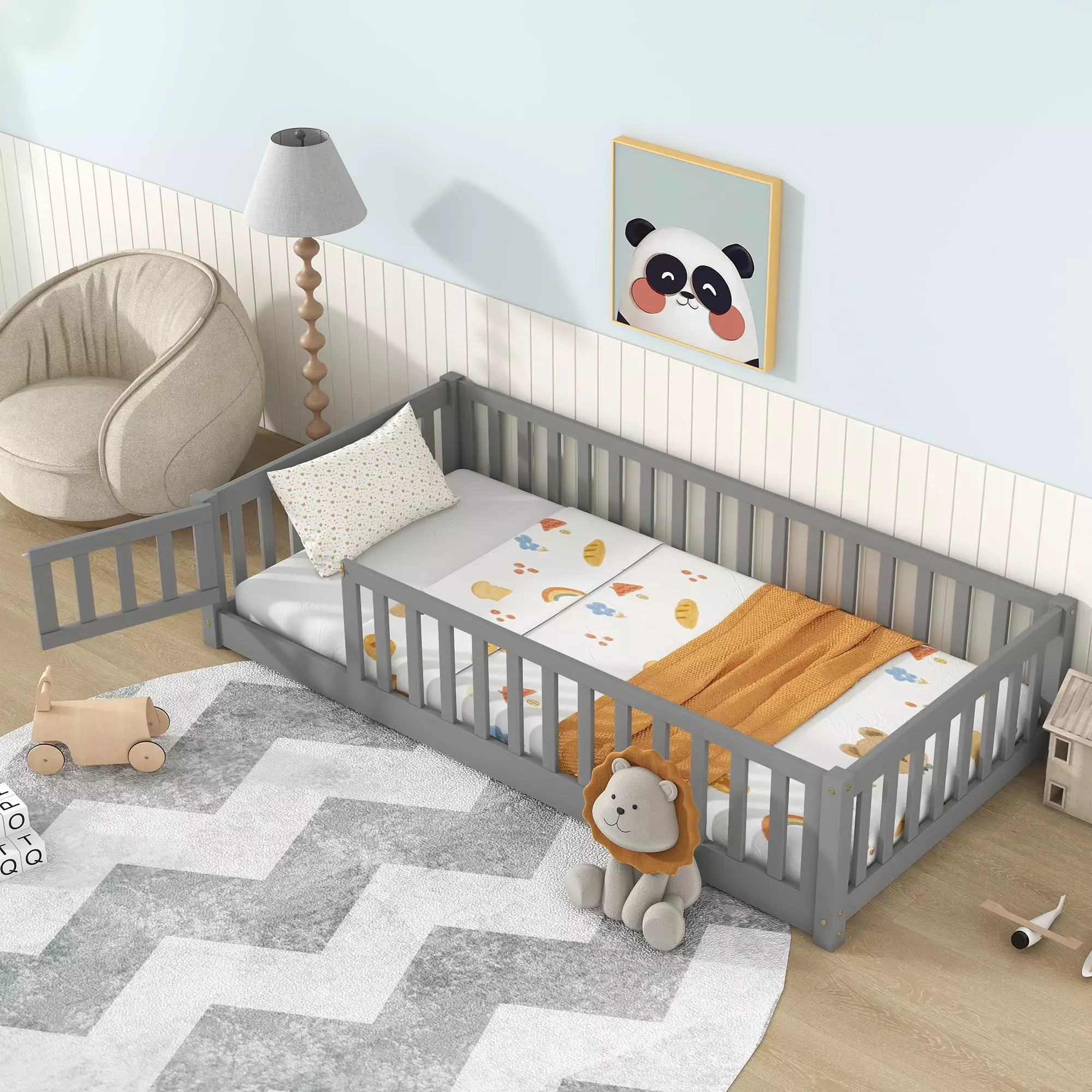 PAPROOS Toddler Floor Bed Twin Size Solid Wood Floor Platform Bed Fence Door and Support Slats No Box Spring Needed Montes...