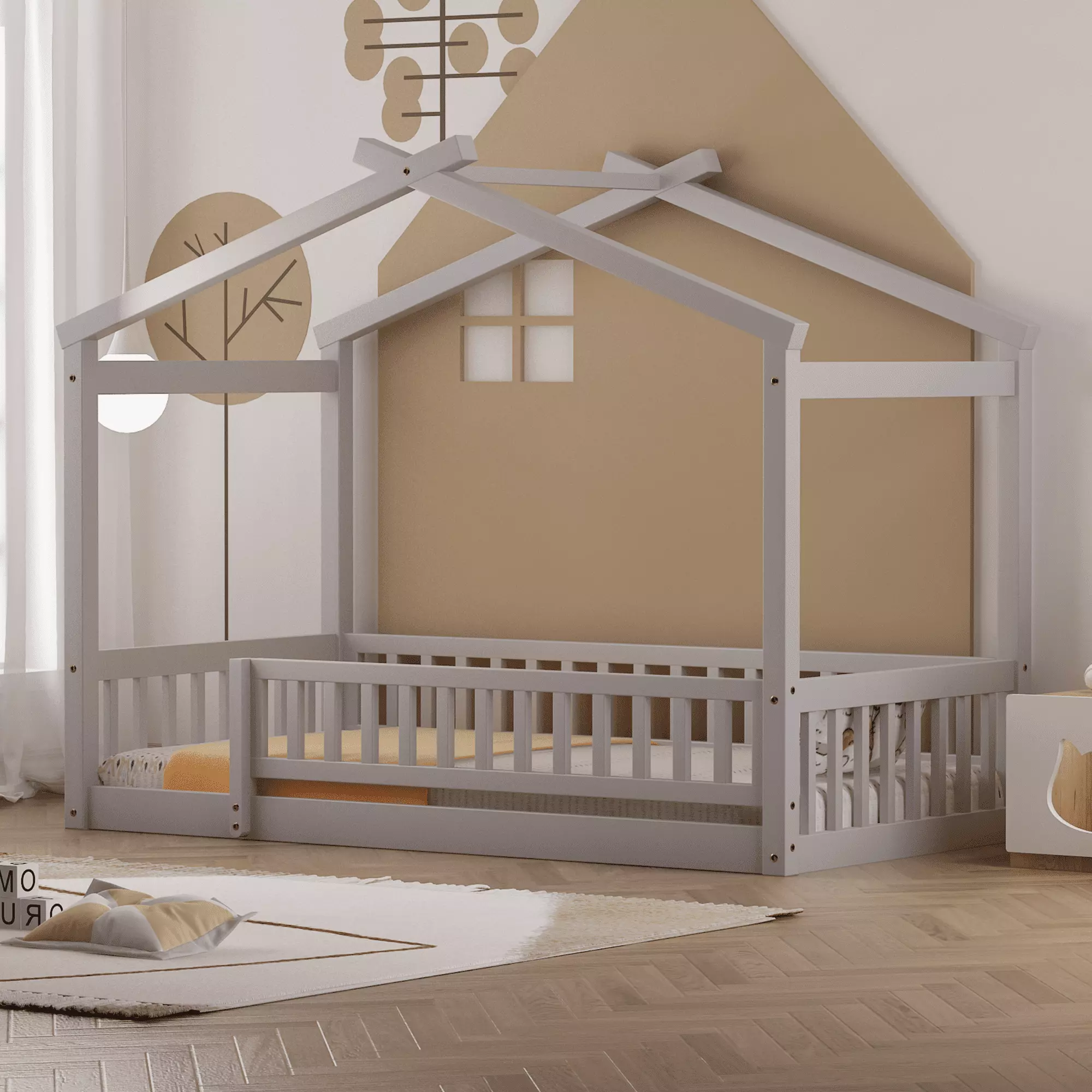 Paproos Twin Floor Bed Frame Toddler Wood Platform Bed Fence Guardrails Houtilize Roof Gray No Box Spring Needed