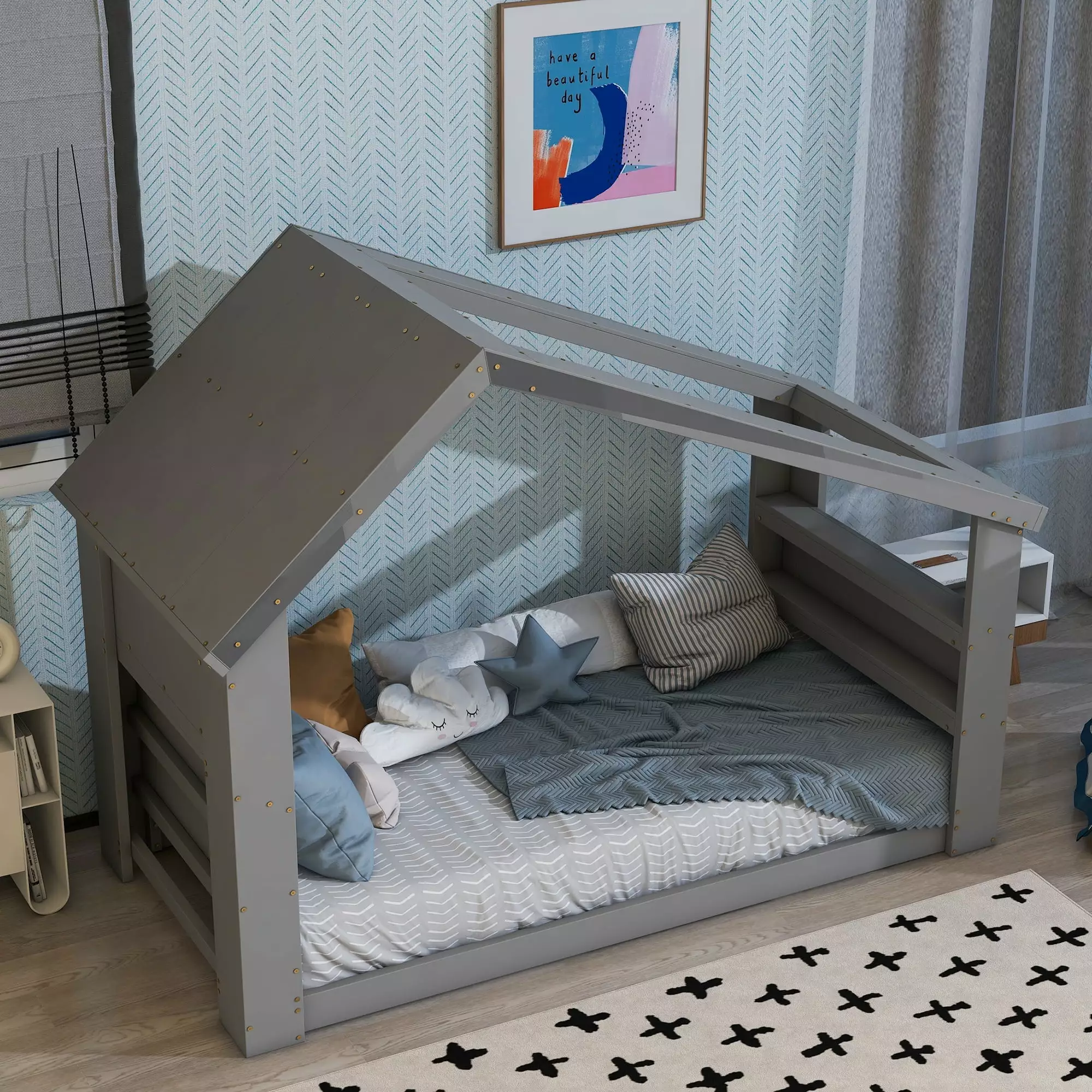 Tenozek Toddler Floor Bed Roof Window and LED Lights - Solid Wood Frame Kids Bed Gray