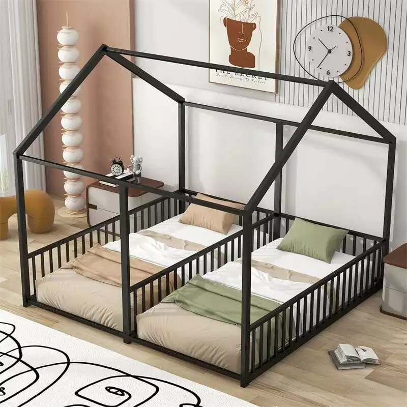 Black Twin Floor Beds Kids Double Size Metal House Bed Roof Rails Montessori Shared Beds Triple Tree