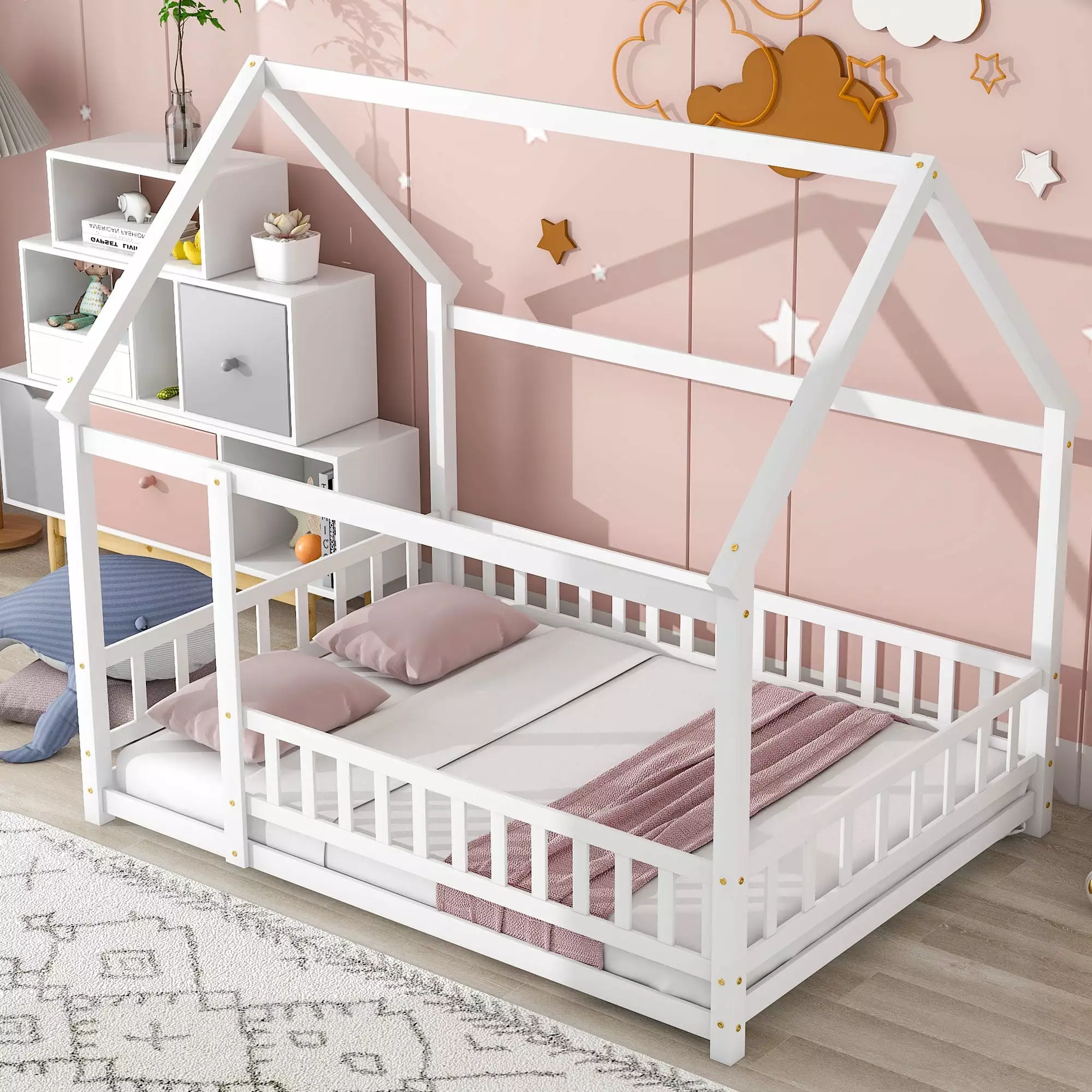 Full Size Floor Bed Fence Guardrails Kids Montessori Bed Playhoutilize Bed Roof Triple Tree