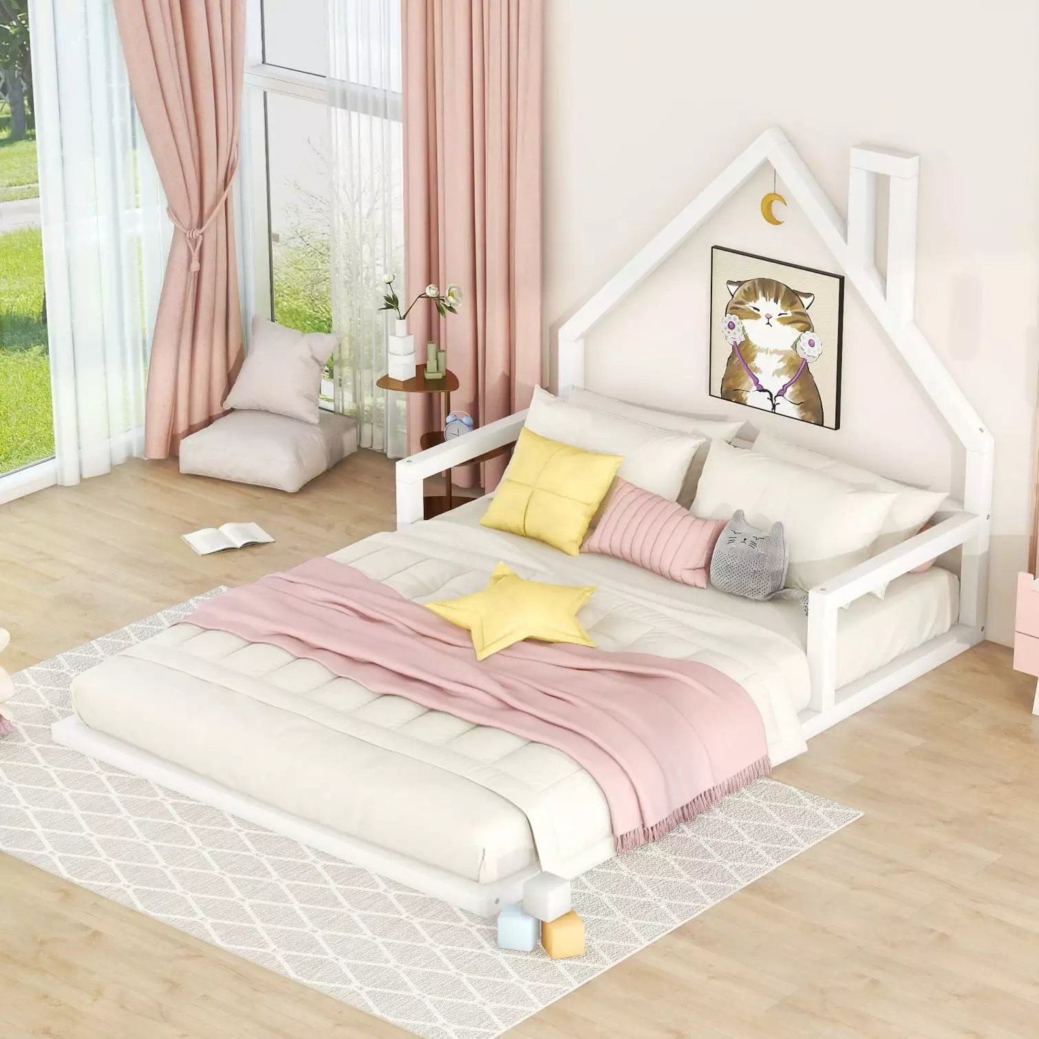 Full Size Floor Bed Kids Montessori Bed Houtilize Headboard and Railings White Wood Slat Support No Box Spring Needed Trip...