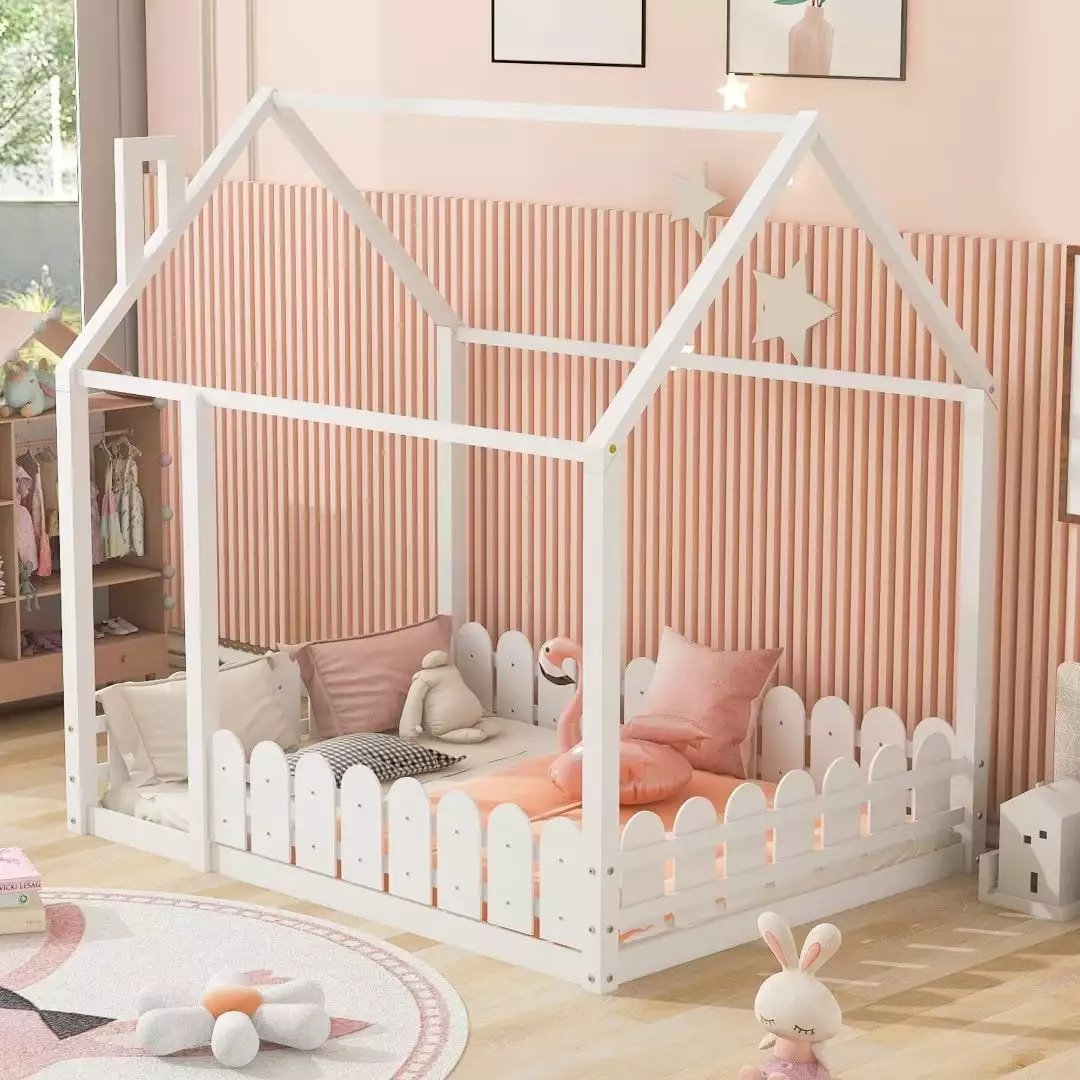 Houtilize Full Size Montessori Floor Bed Frame Fence Kids White Triple Tree