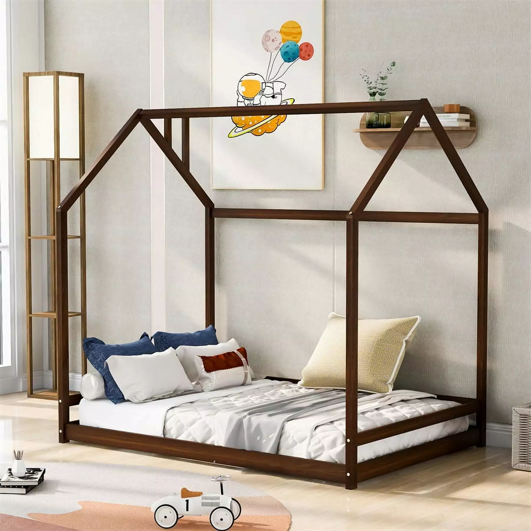 Kids Houtilize Bed Frame Full Size Floor Platform Bed Espresso Triple Tree