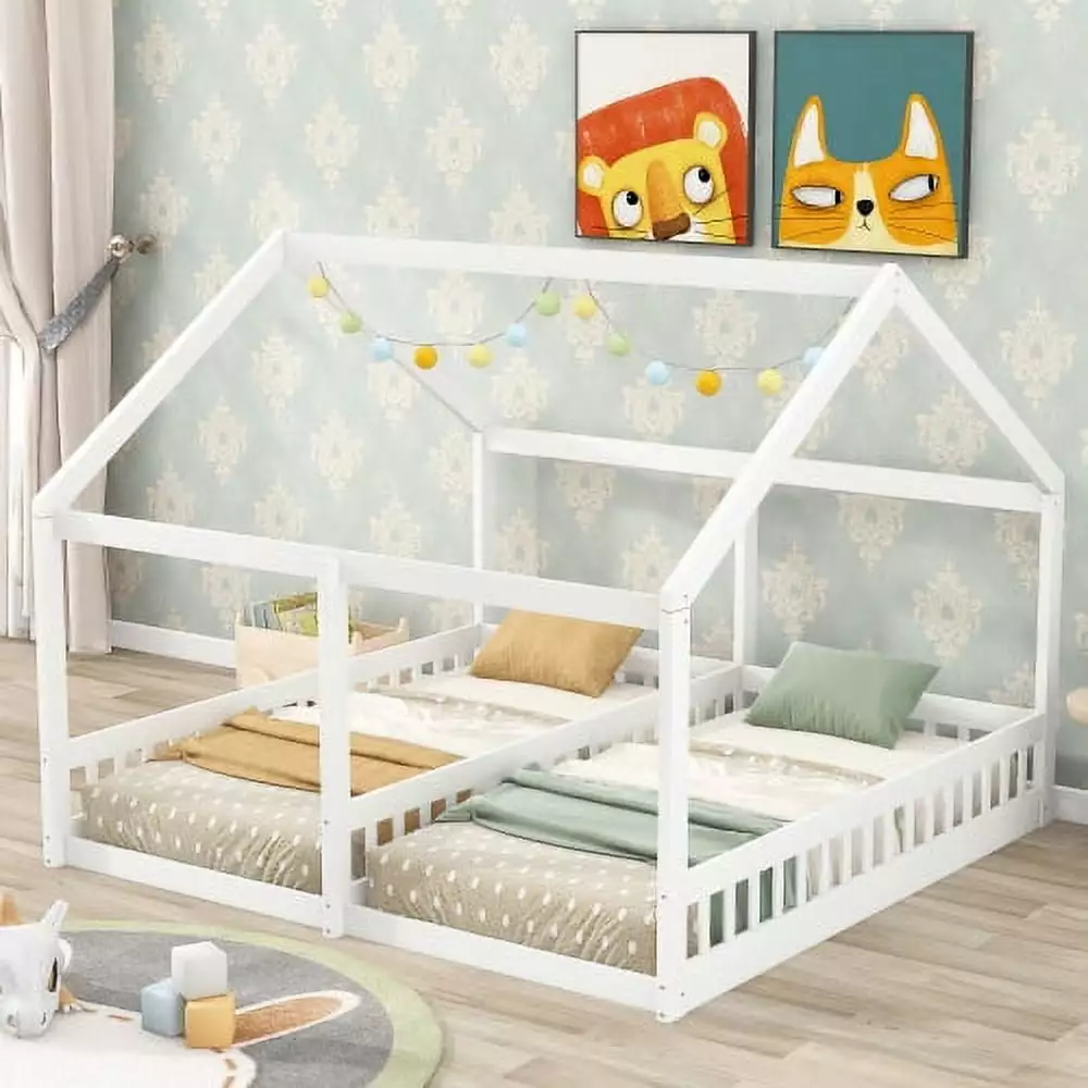 Kids Houtilize Bed Frame 2 Twin Platform Beds and Triangular Roof White Triple Tree