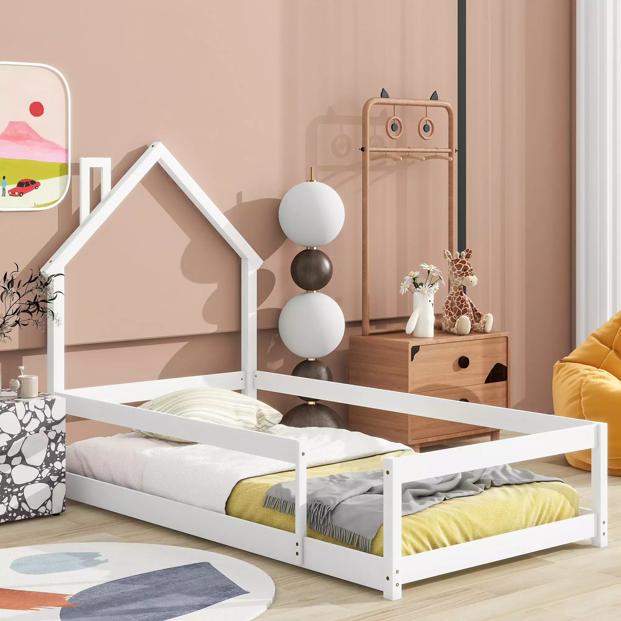 Kids Montessori Floor Bed Twin Size Wooden Frame Fences Guardrails Houtilize Headboard No Slats Support White Triple Tree