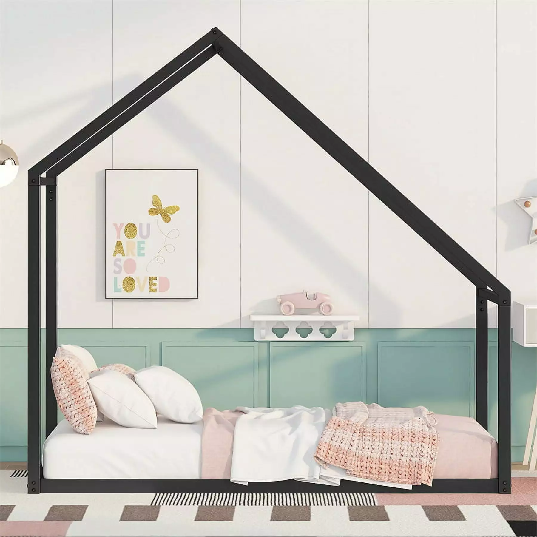 Montessori Twin Size Metal Floor Platform Bed Kids Black Triple Tree