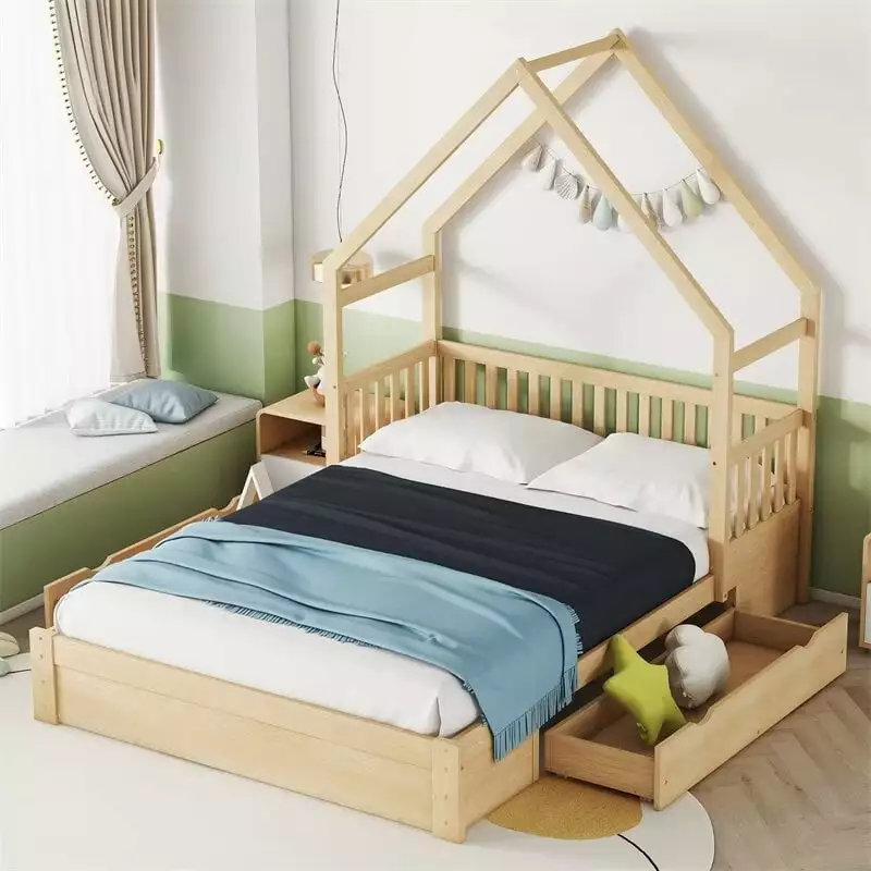 Queen Size Floor Bed Kids Guardrail and 2 Drawers - Natural Wood Montessori Bed Frame Triple Tree