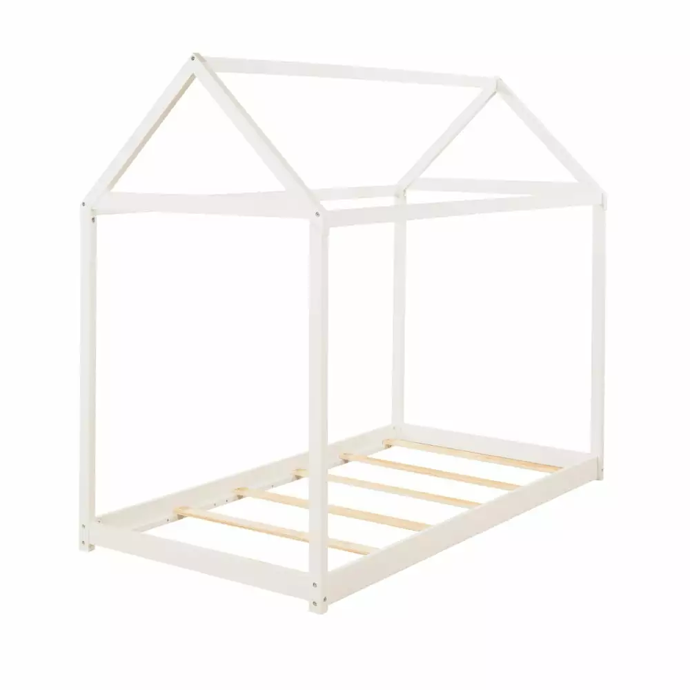 TRIPLE TREE Twin House Floor Bed Roof Wooden Platform Canopy Bed Slats Support Boys Girls No Box Spring White