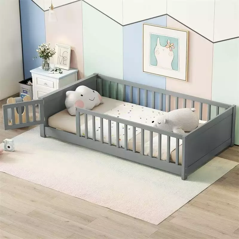 Twin Floor Bed Kids Toddlers Built- Book Storage Rack and Guardrails - Grey Wooden Montessori Bed Frame Triple Tree