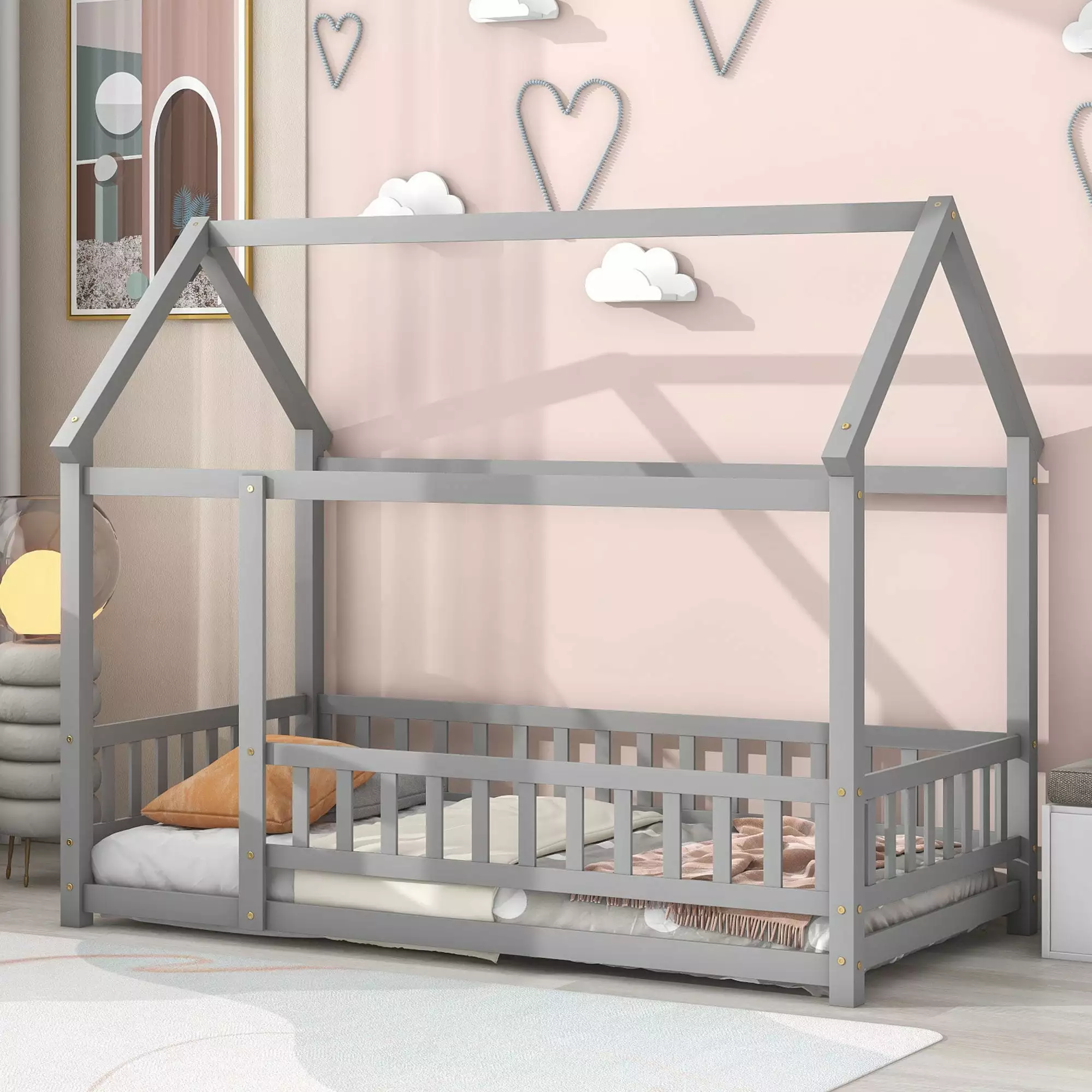 Twin Size Floor Bed Kids Fence Guardrails and Door - Montessori Bed Frame Boys and Girls Triple Tree