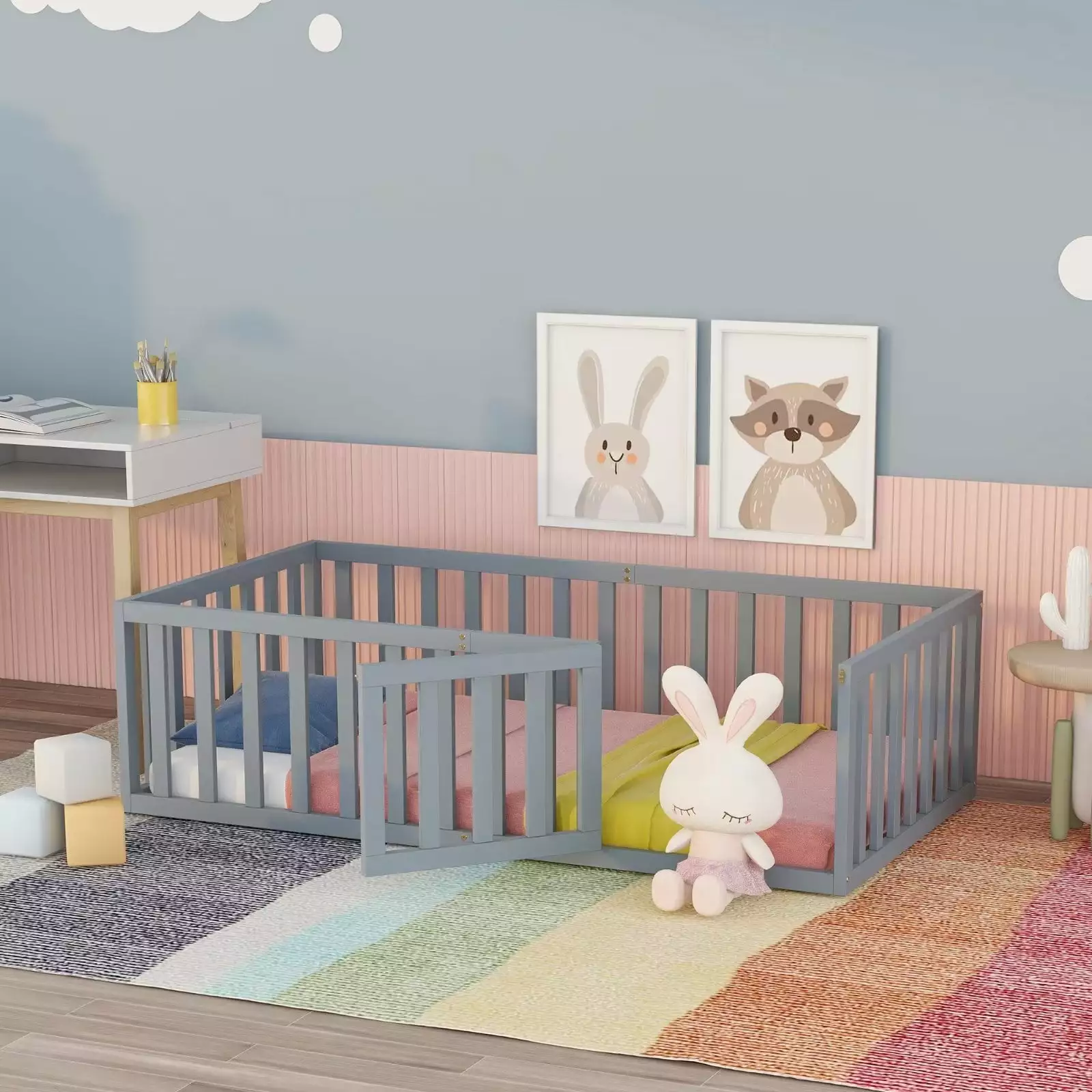 Twin Size Wood Floor Bed Fence Guardrails and Door - Montessori Platform Bed Kids - Gray Triple Tree