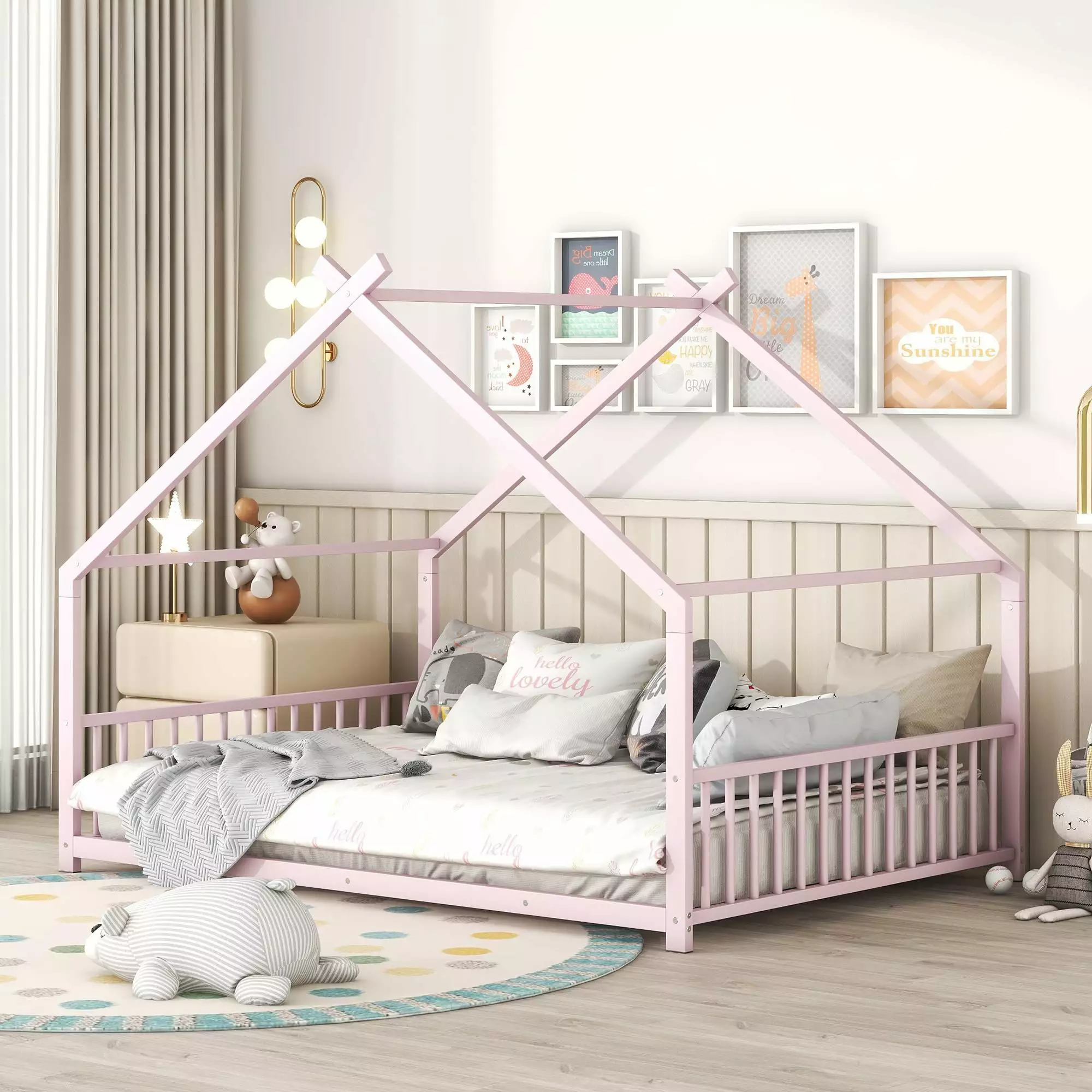 UBesGoo Pink Full Size Metal Platform Bed Frame Toddlers and Kids