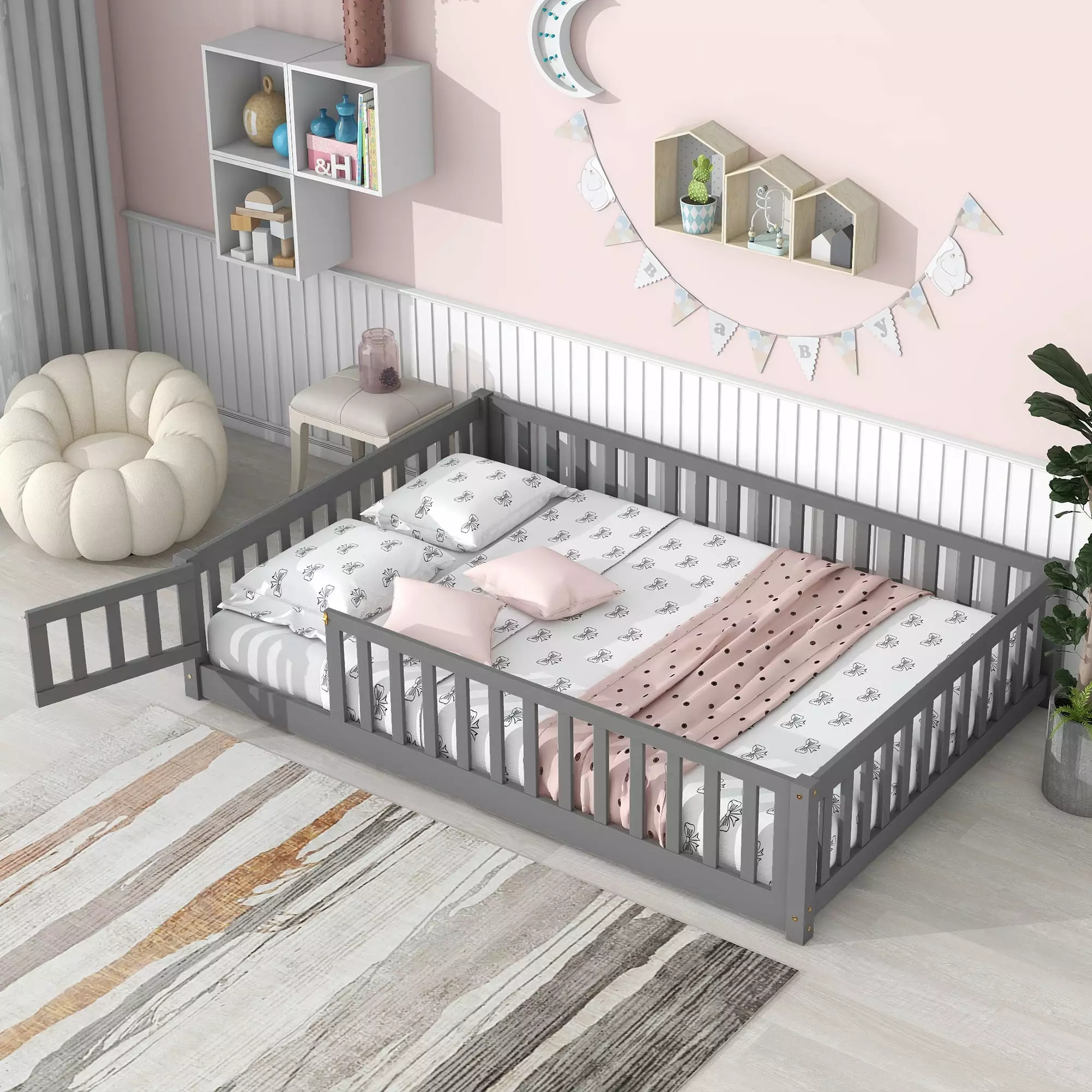 uhomepro Full Size Platform Floor Bed Fence and Door Wood Toddler Bed Frame No Box Spring Needed Gray