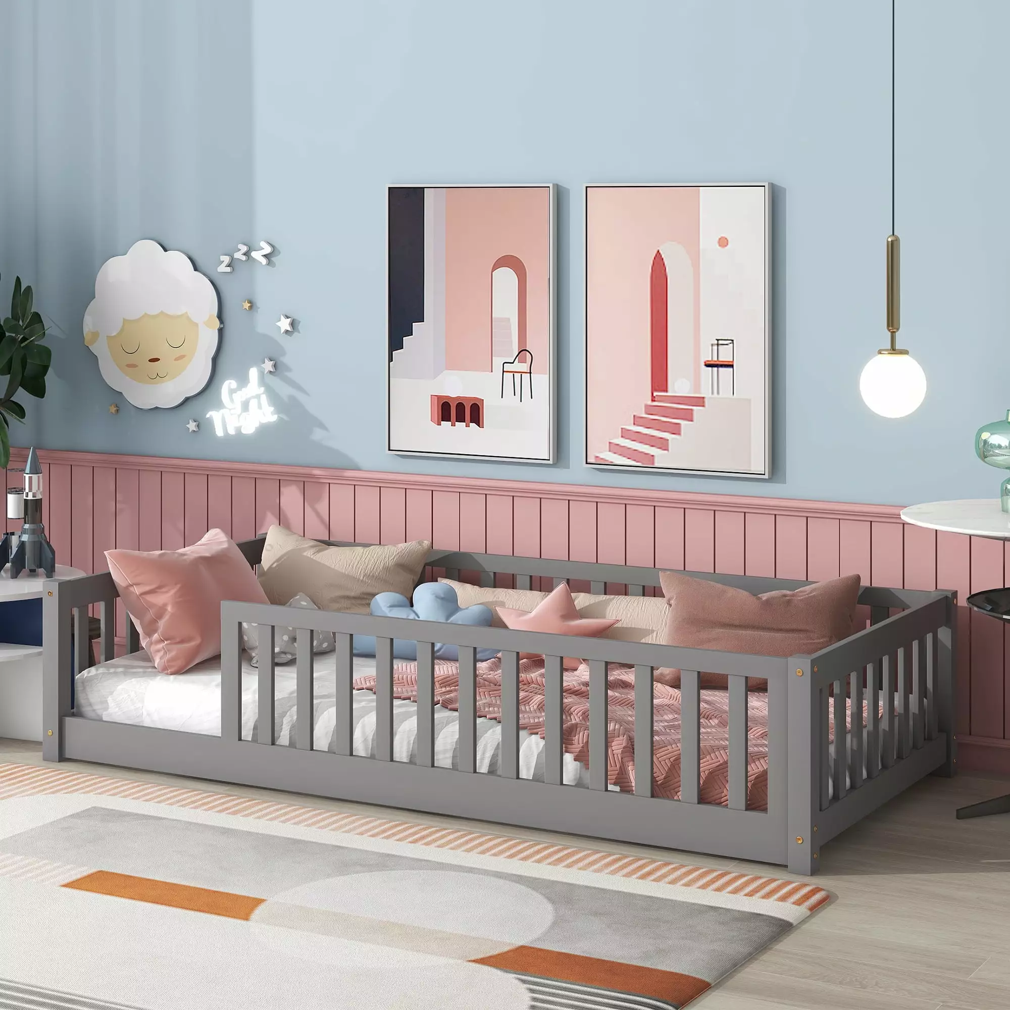 uhomepro Twin Floor Bed Frame Toddlers Platform Floor Bed Fence Gray