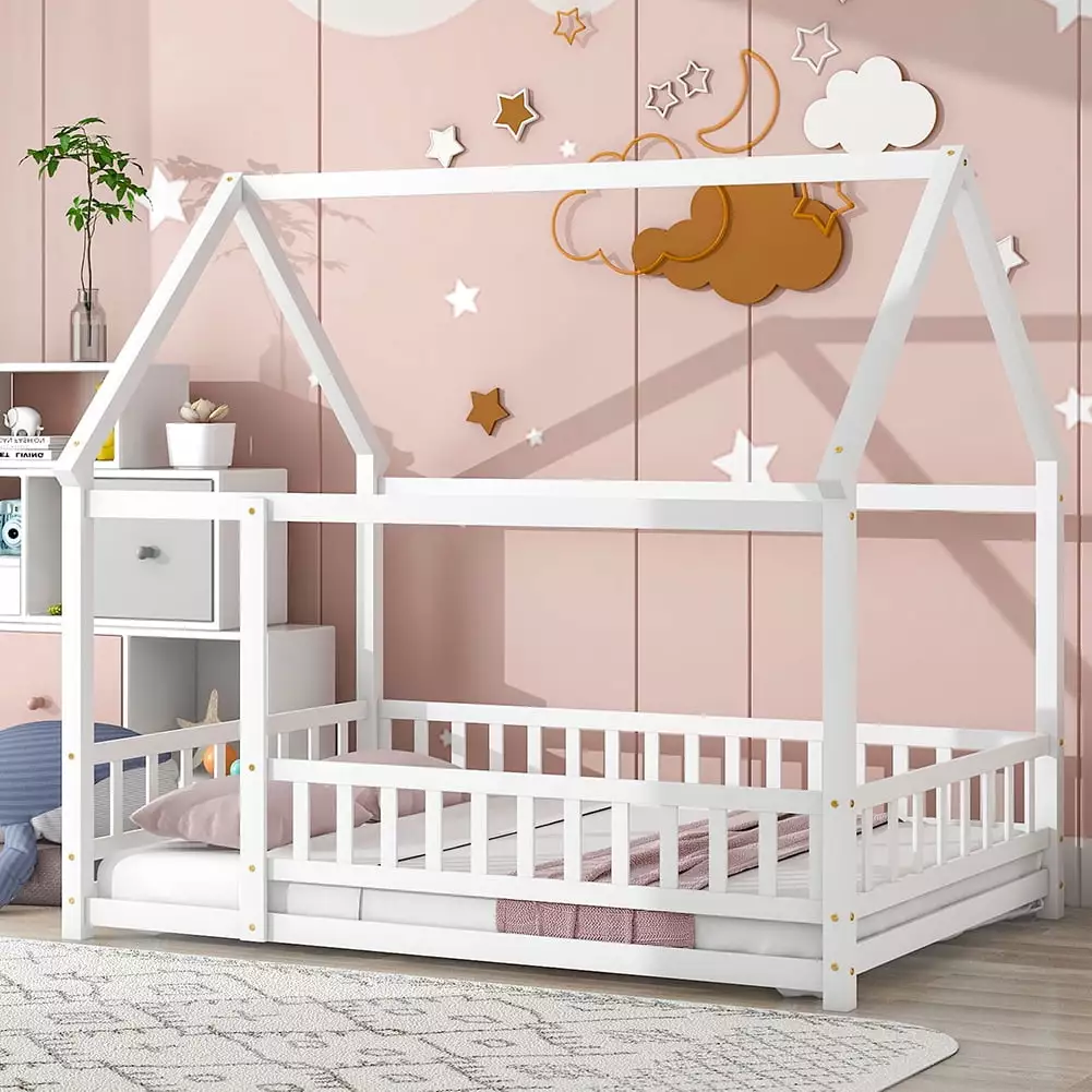 Full Size Multifunctional Floor Bed Frame Houtilize-shaped Roof Playhoutilize Bed Children Yesurprise