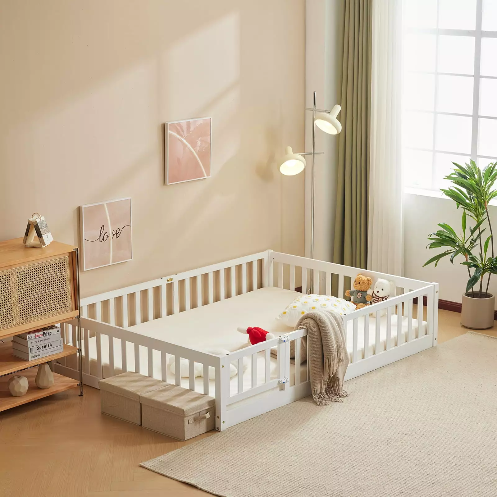 Zimtown Montessori Full Size Floor Bed Frame Fence and Door White