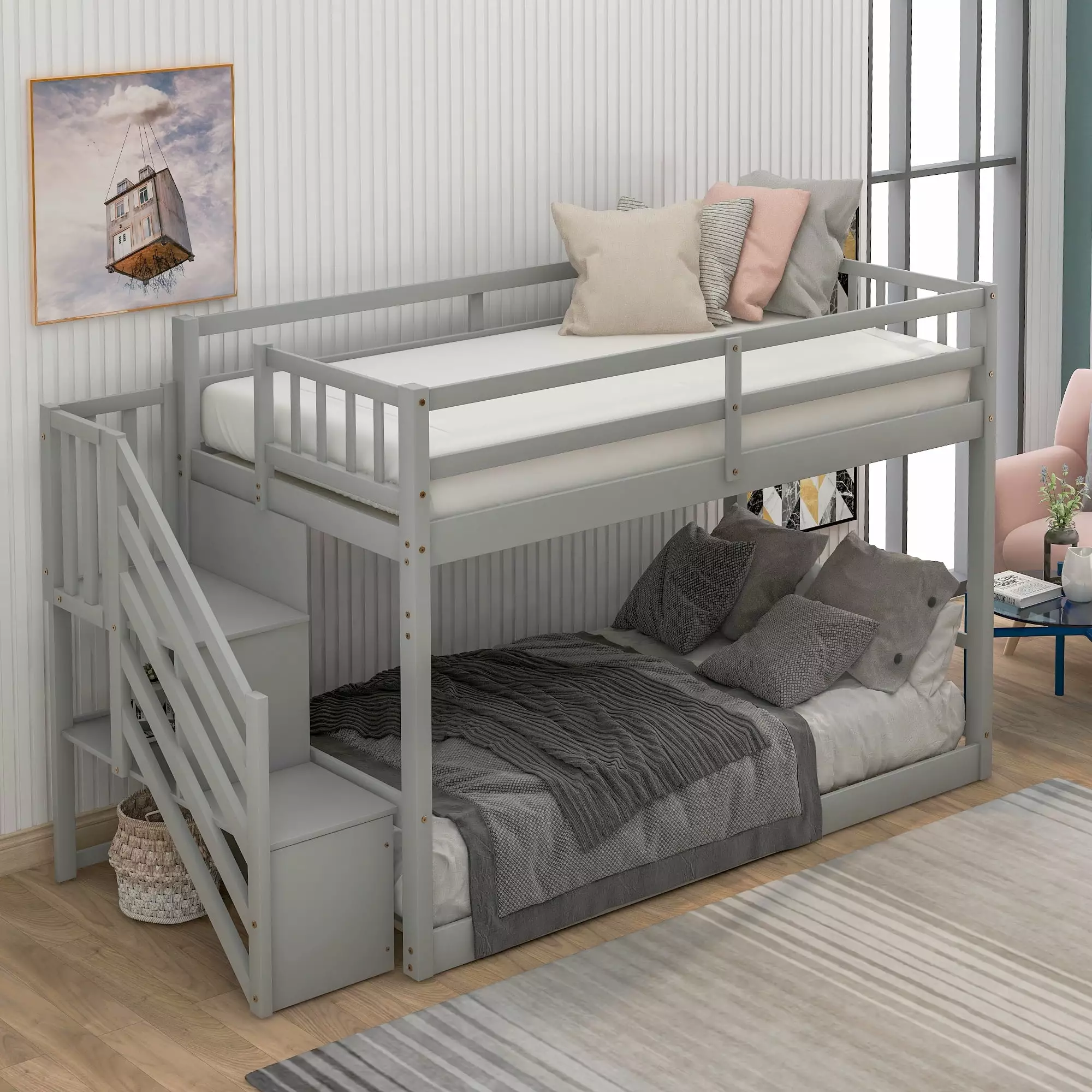 Euroco Wood Twin Over Twin Floor Bunk Bed Staircase Kids Room Gray Durable Bed Frame