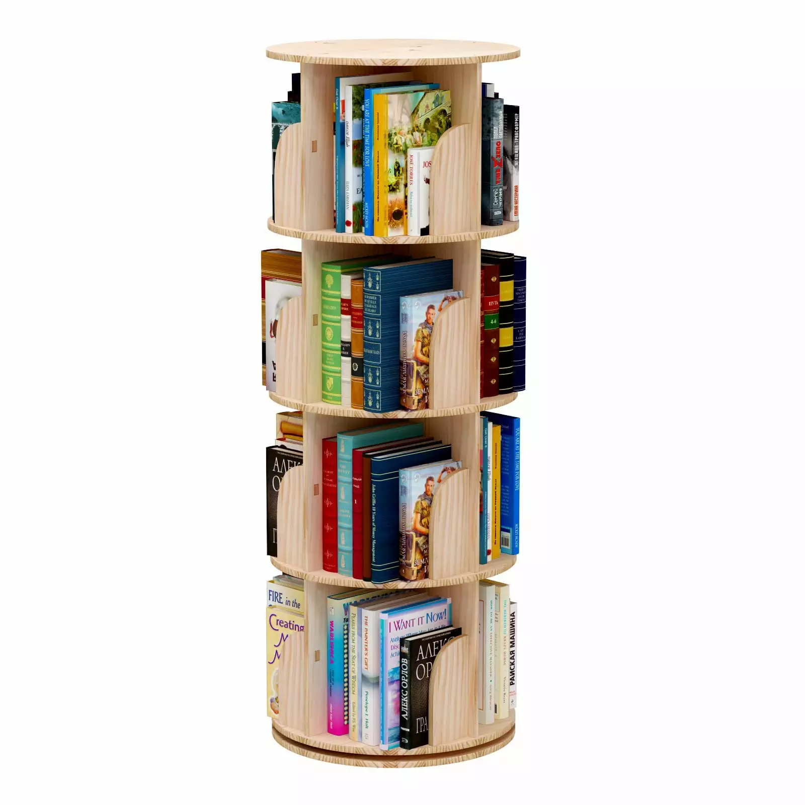 Rotating Bookshelf 360 Degrees 4 Tier Stackable Solid Wood Bookcase Ailonghome