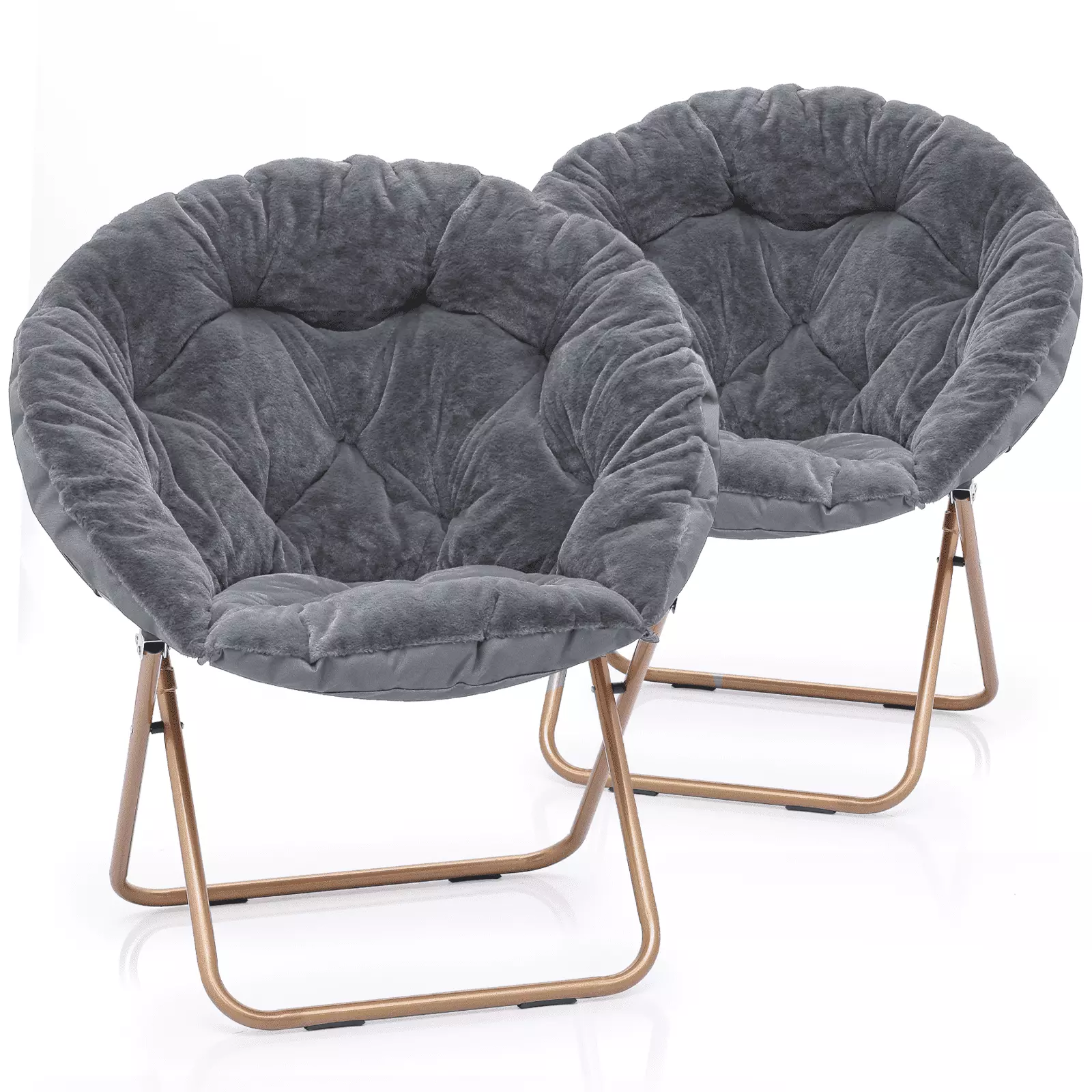 MoNiBloom 2 Pieces 33 Round Foldable Saucer Chair Gray Faux Fur Lounge Chair