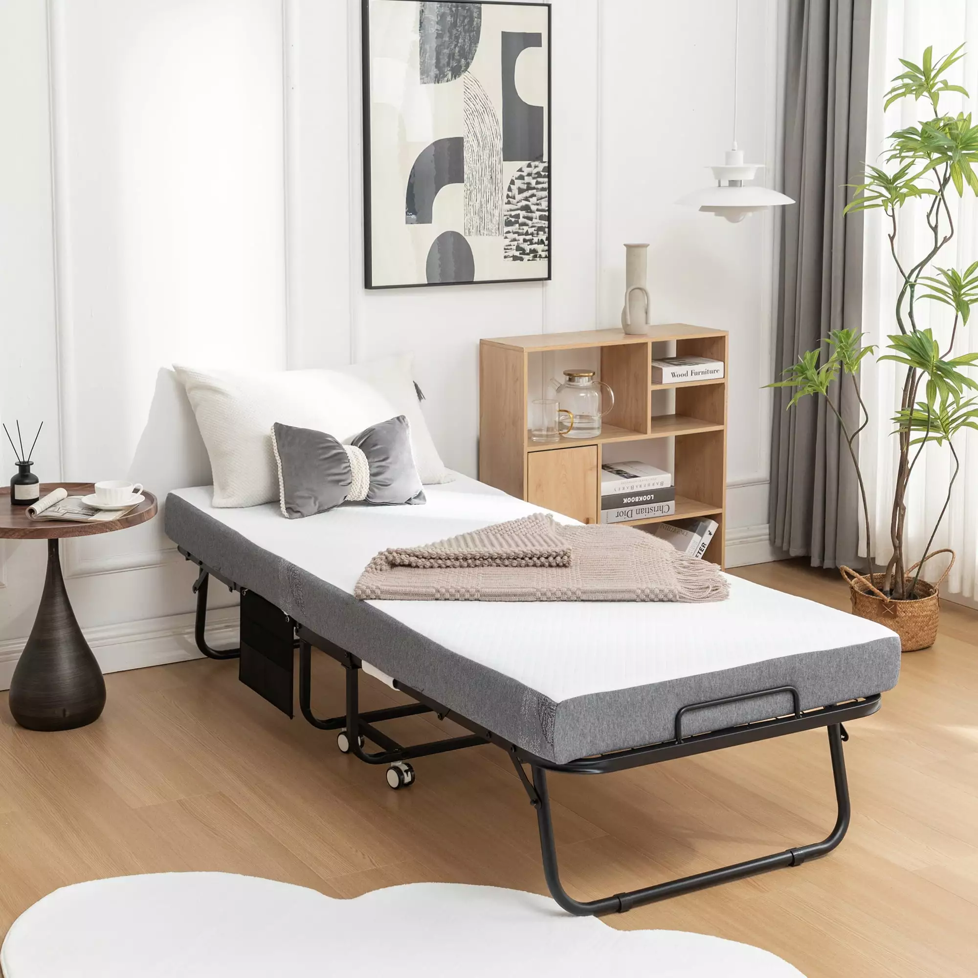 75 x 31 Travel-Friendly Folding Bed Frame Memory Foam Mattress & Wheels - Rollaway Guest Bed QDXDX