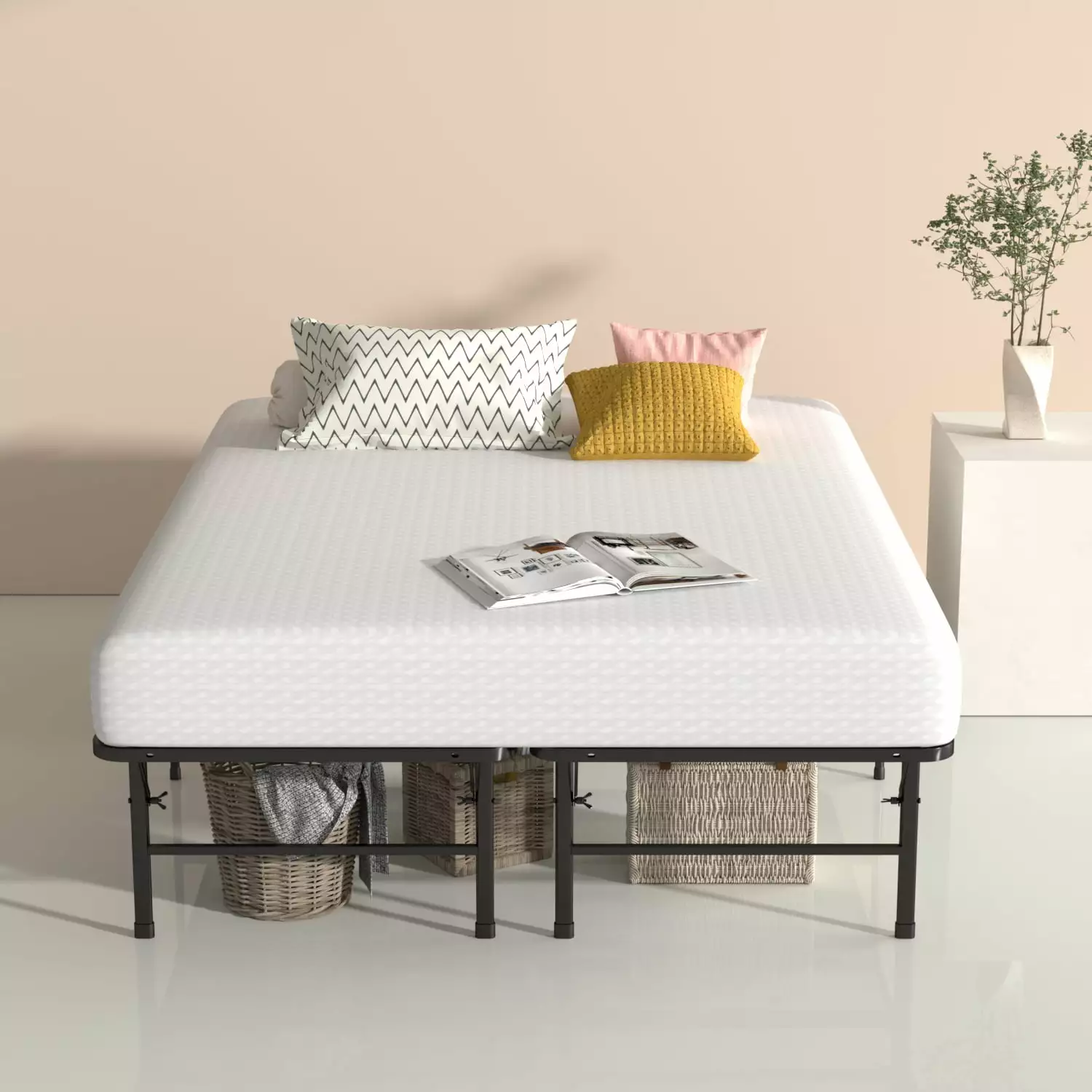 VENI 16 Foldable King Size Platform Bed Frame Metal Mattress Foundation Space Saving Bedframe