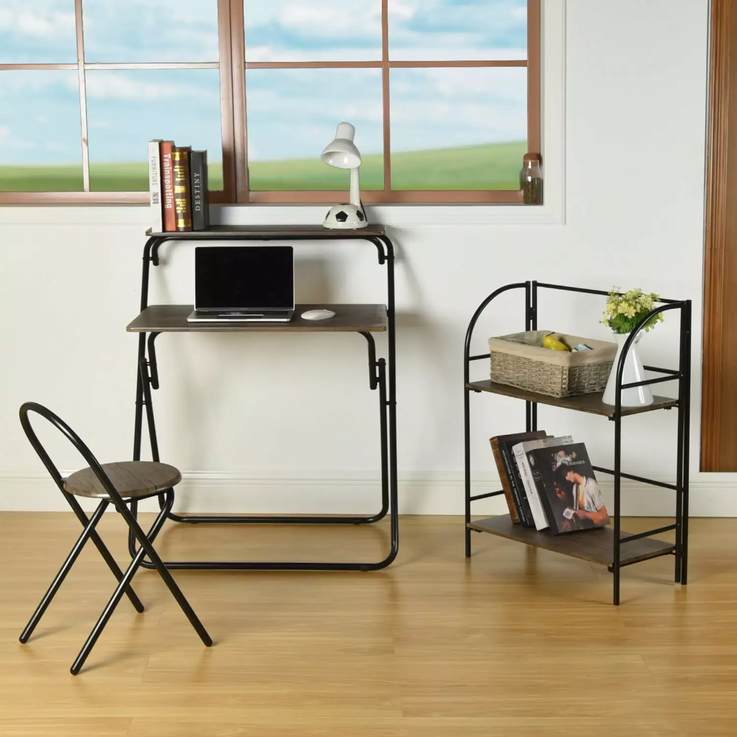 FurnitureR Folding Desk Chair Set Storage Shelf Space-Saving Solution