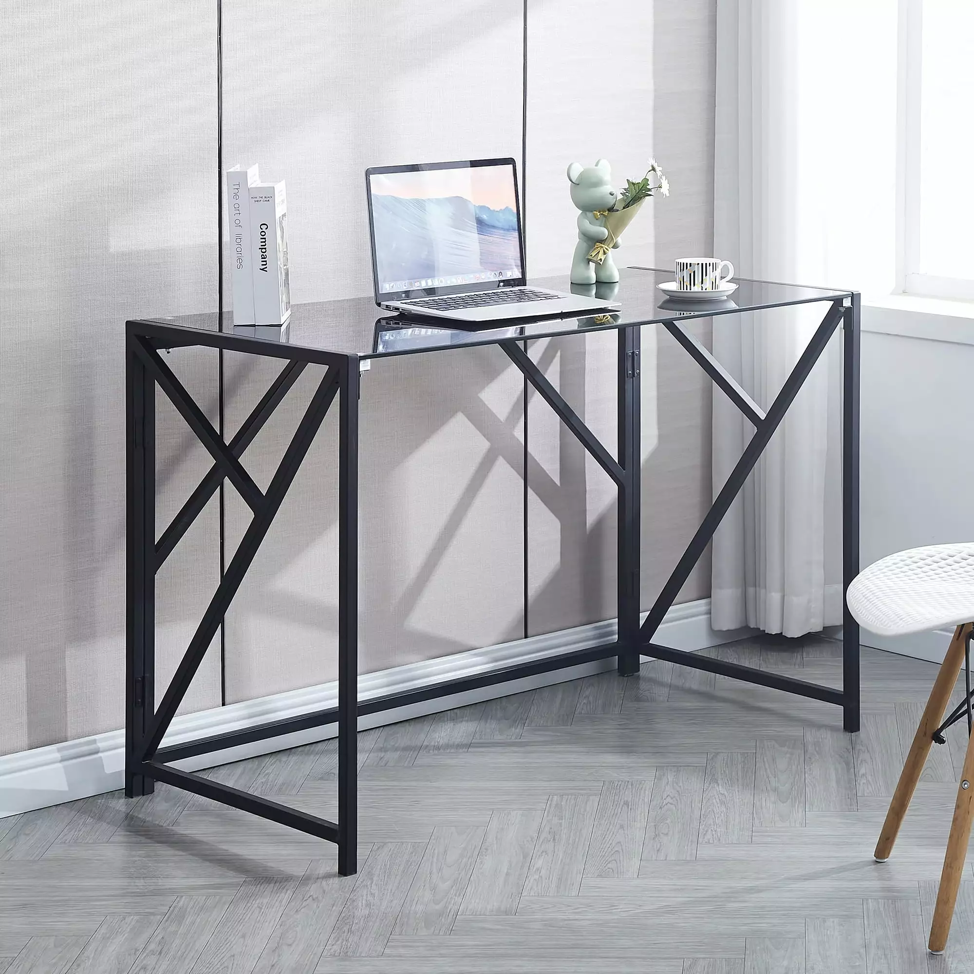 S&M Tempered Glass Computer Desk Black Folding Desk Student Writing Study Desk 43.5 x 21.7 x 29.9