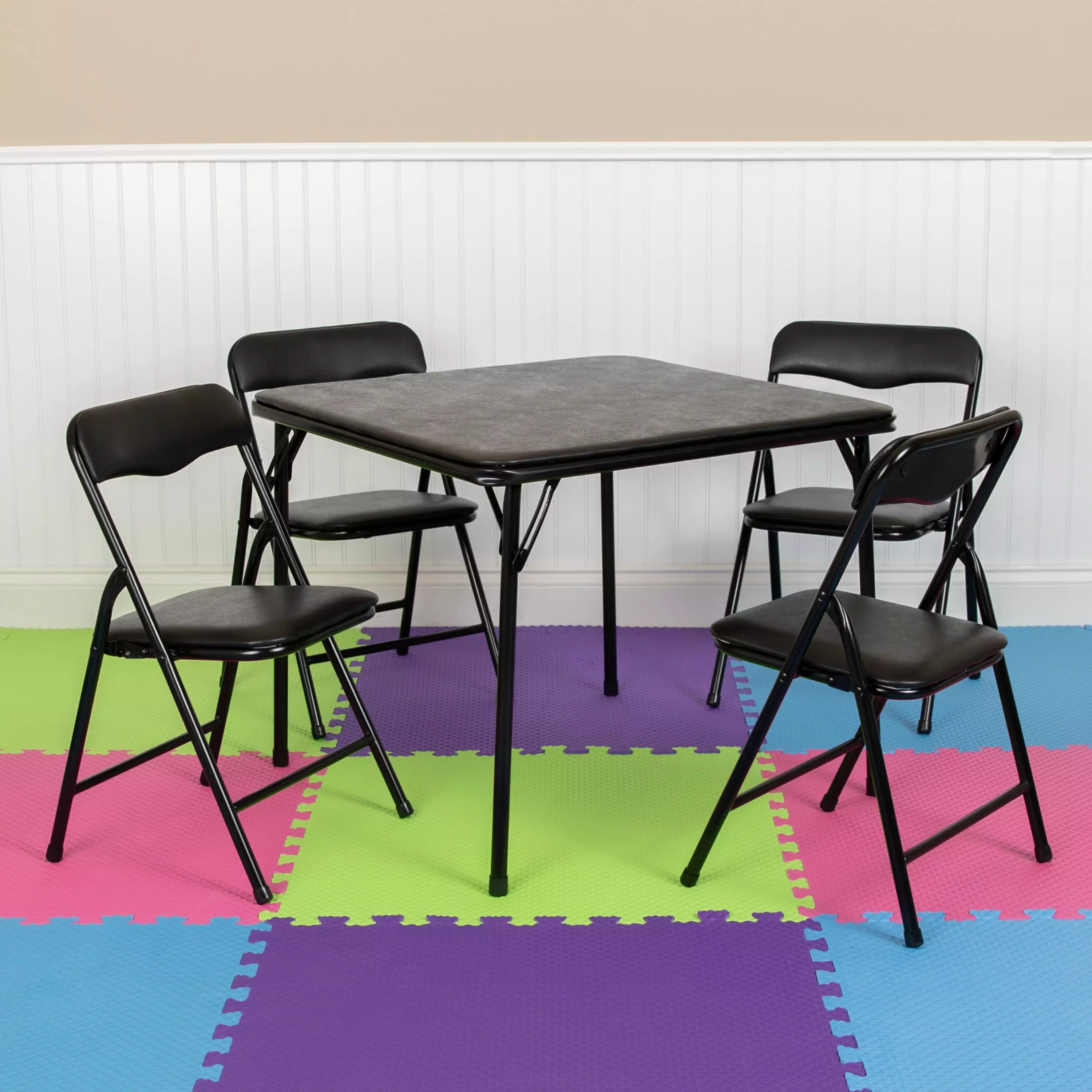 BizChair Kids Black 5 Piece Folding Table and Chair Set - Portable Home and School
