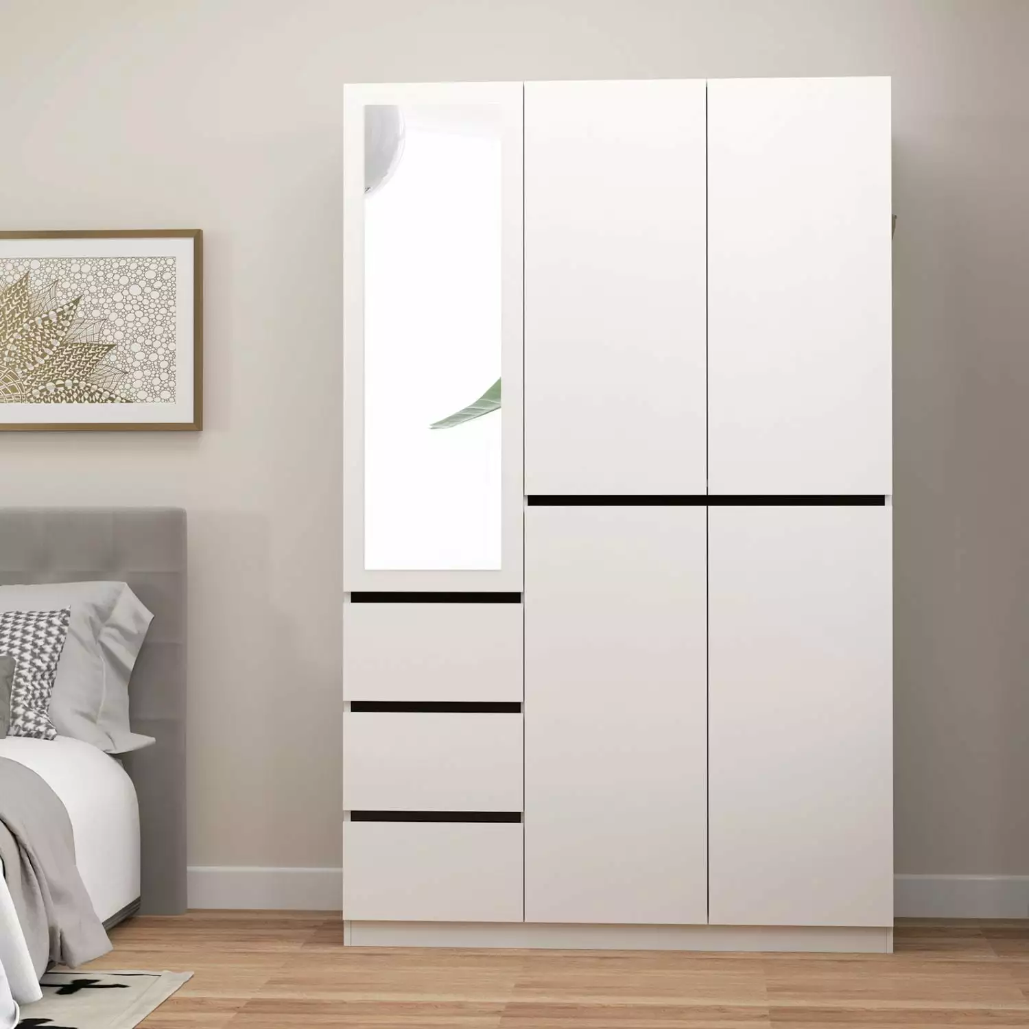 EPOWP Wardrobe Armoire Closet Glass Mirror and Drawers White Freestanding