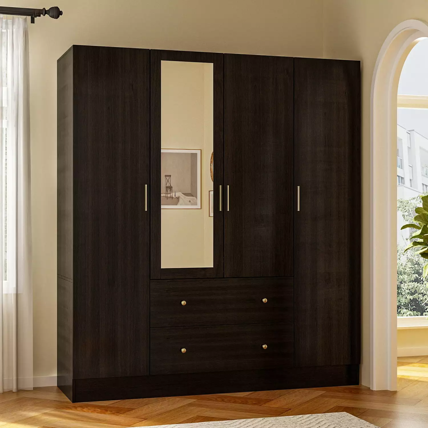 OXYLIFE 4 Door Wardrobe Armoire Mirror 2 Drawers and Hanging Rod Black