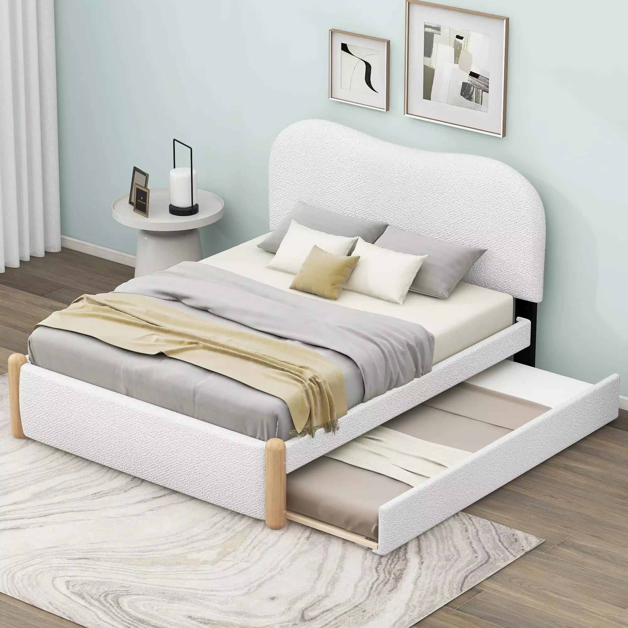 EUROCO Upholstery Full Size Platform Bed Twin Size Trundle Upholstered Headboard Wood Support Legs White