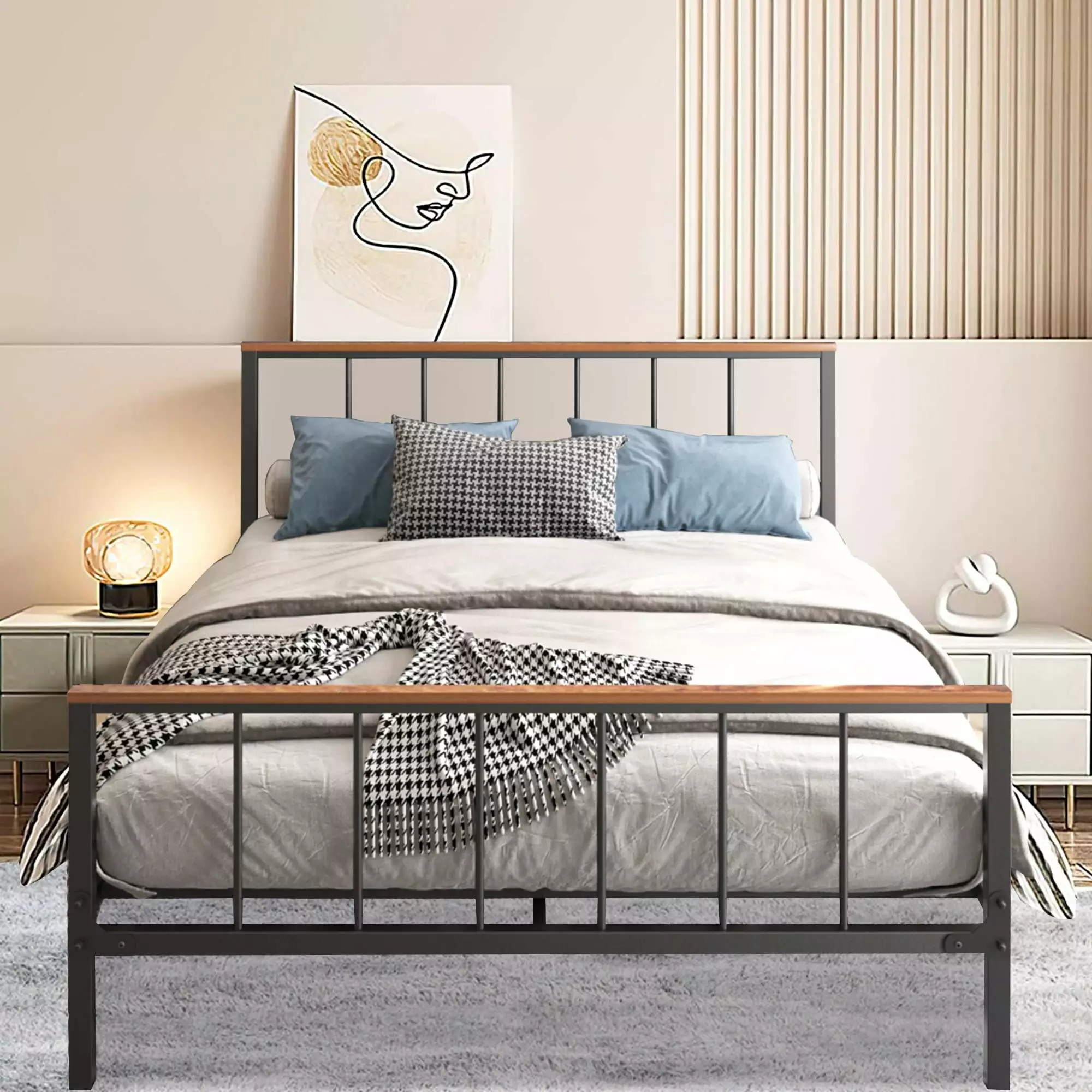 SESSLIFE Full Metal Bed Frame Headboard Steel Slat Support No Box Spring Needed