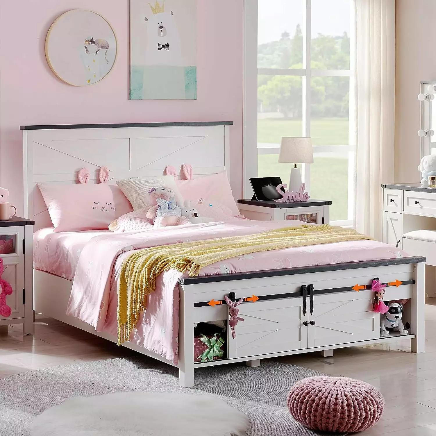 T4TREAM Farmhouse White Full Size Platform Bed Frame Headboard and 3 Barn Door Storage Cabinets