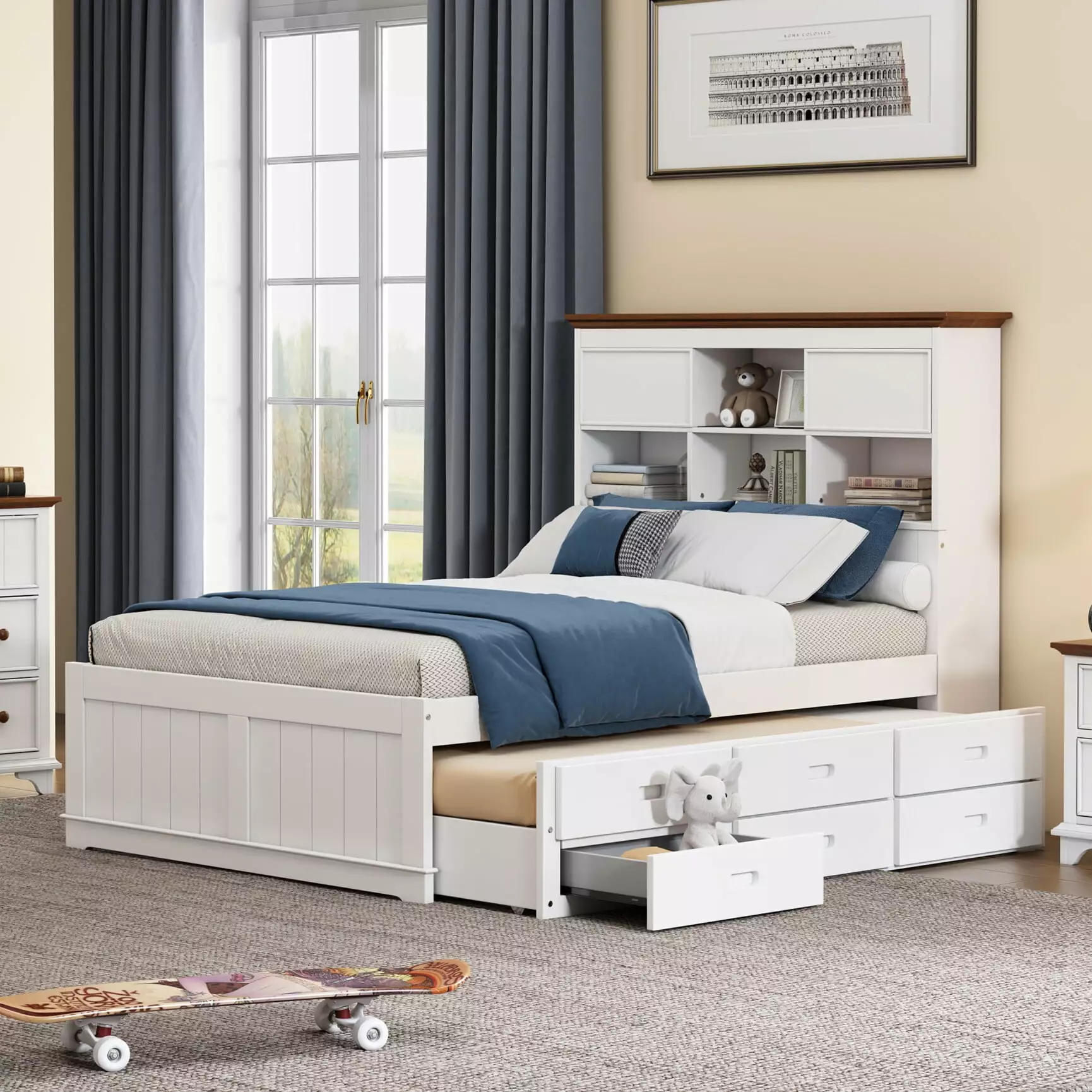 Full Size Bed Frame Trundle & 3 Under Bed Drawers - Solid Pine Captain Bed Storage Headboard White and Walnut Triple Tree