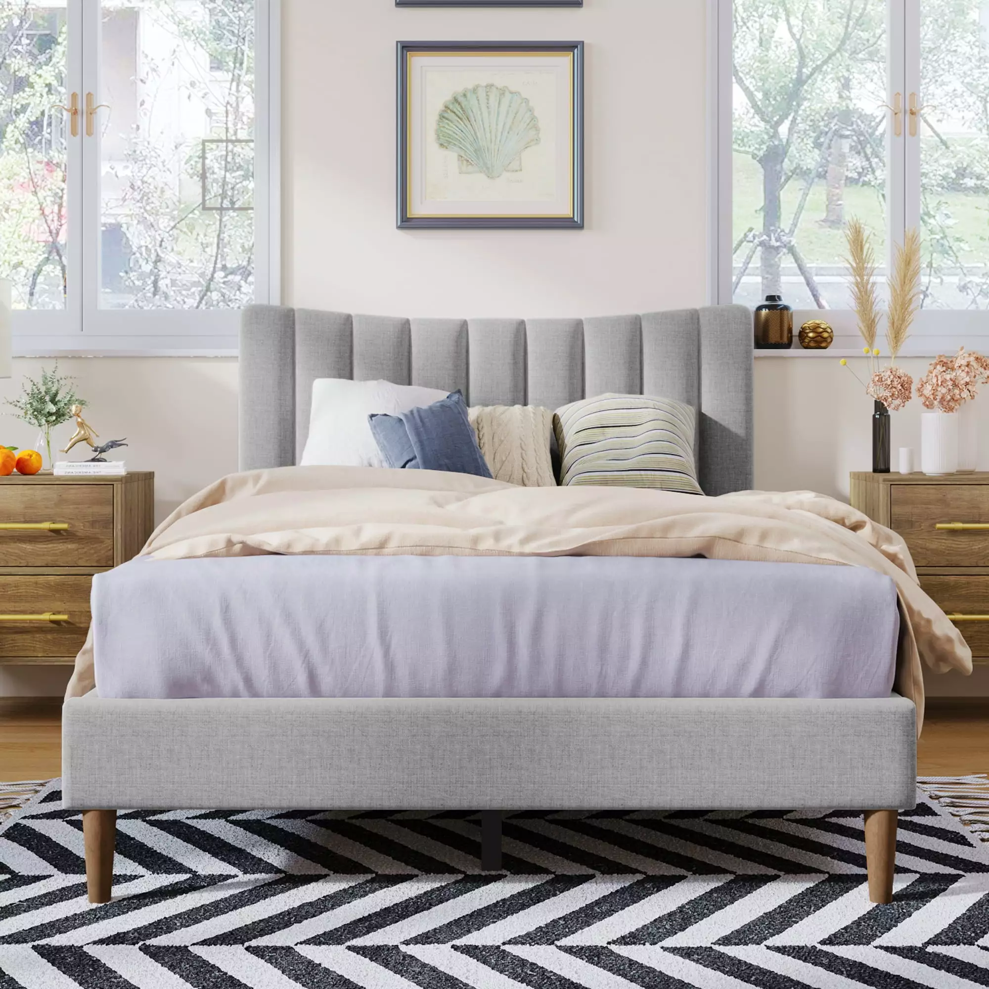 uhomepro Modern Full Bed Frame Adults Kids Gray Fabric Upholstered Platform Headboard