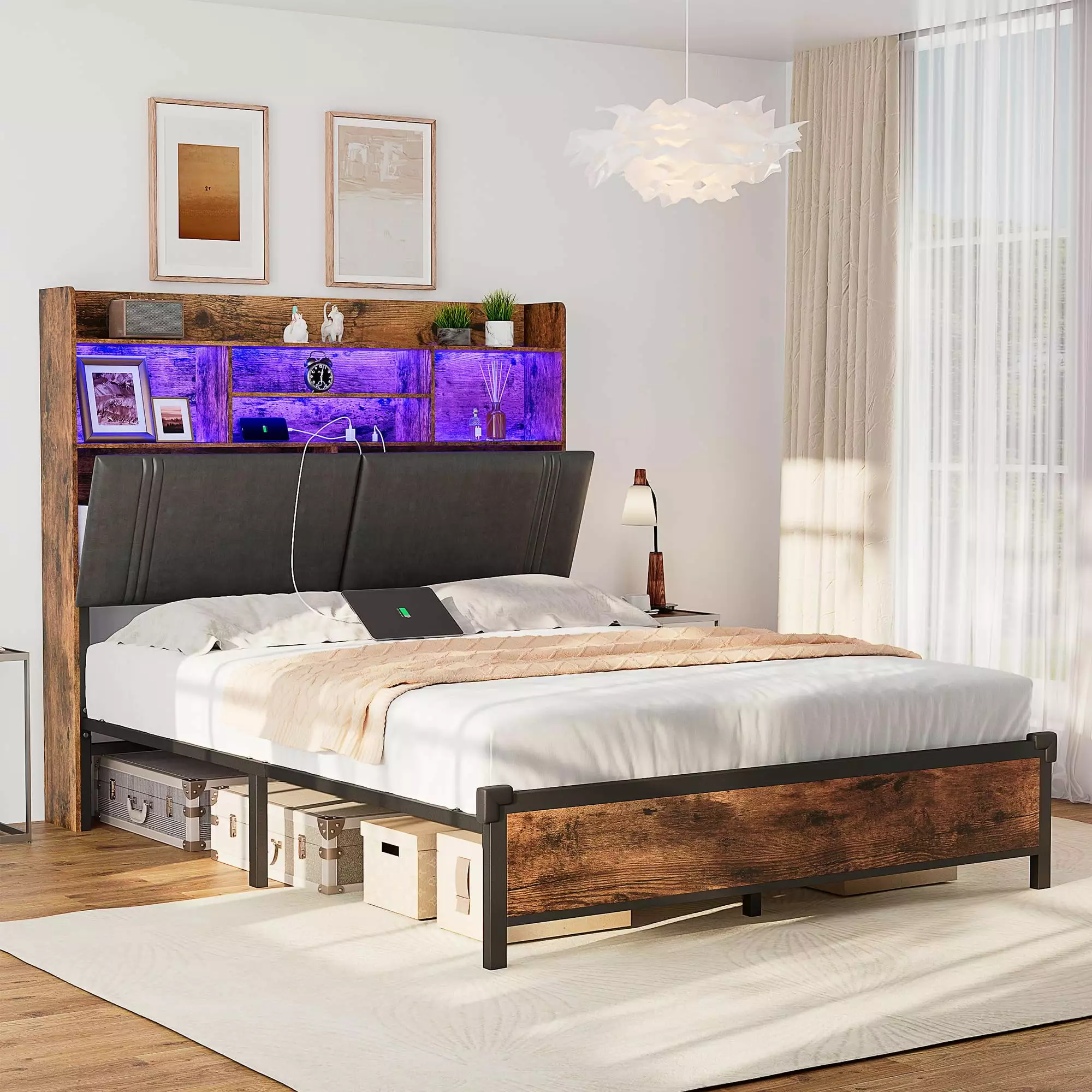 Full Size Bed Frame Tall Storage Headboard Wooden Platform Bed Frame Type-C and USB Ports and LED Lights 51 Inch Bookcase ...