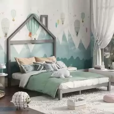 Full Size Wood Platform Bed Houtilize-Shaped Headboard Gray Kids ARCTICSCORPION