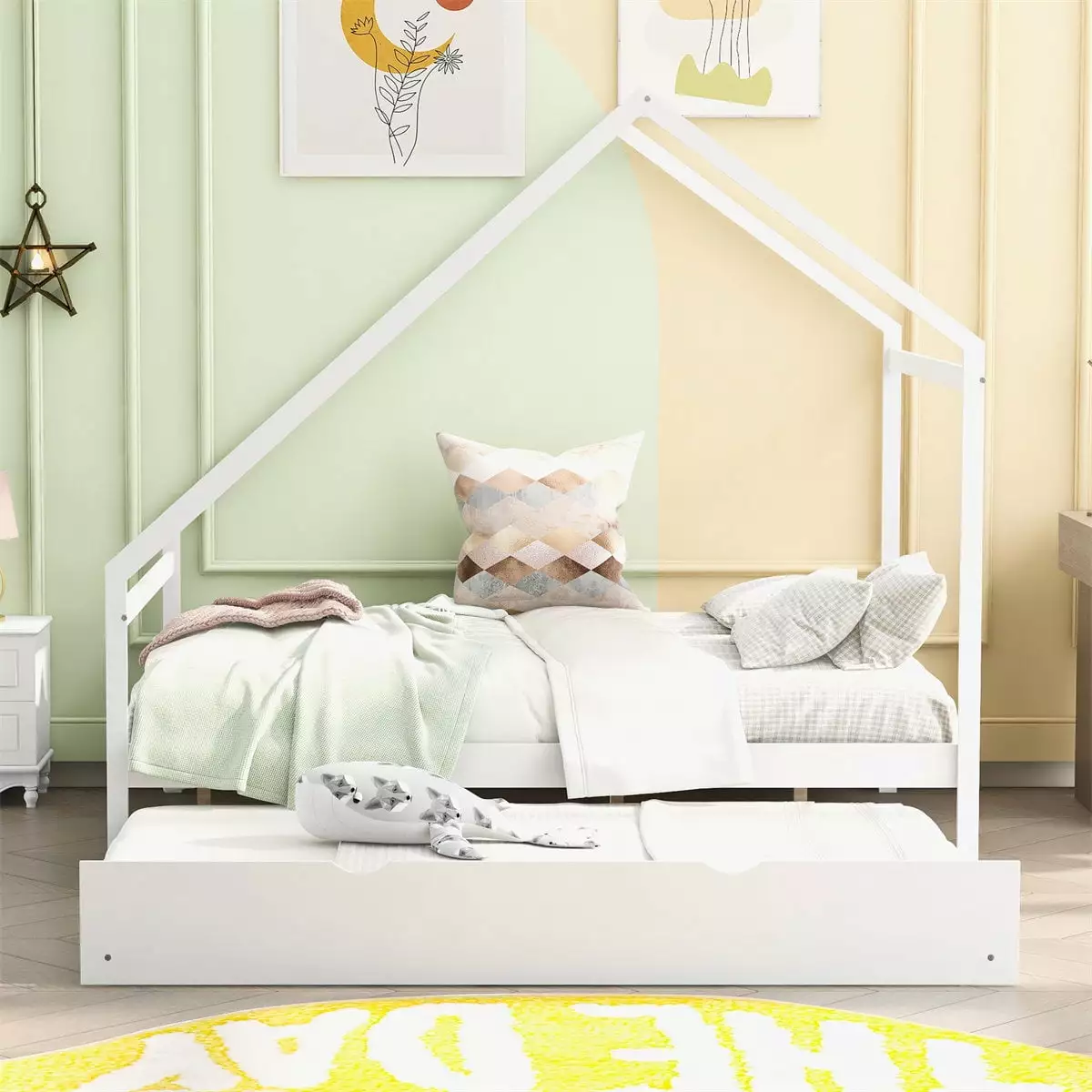 Full Size Wooden Houtilize Bed Roof Frame and Twin Size Pull-out Trundle White ARCTICSCORPION